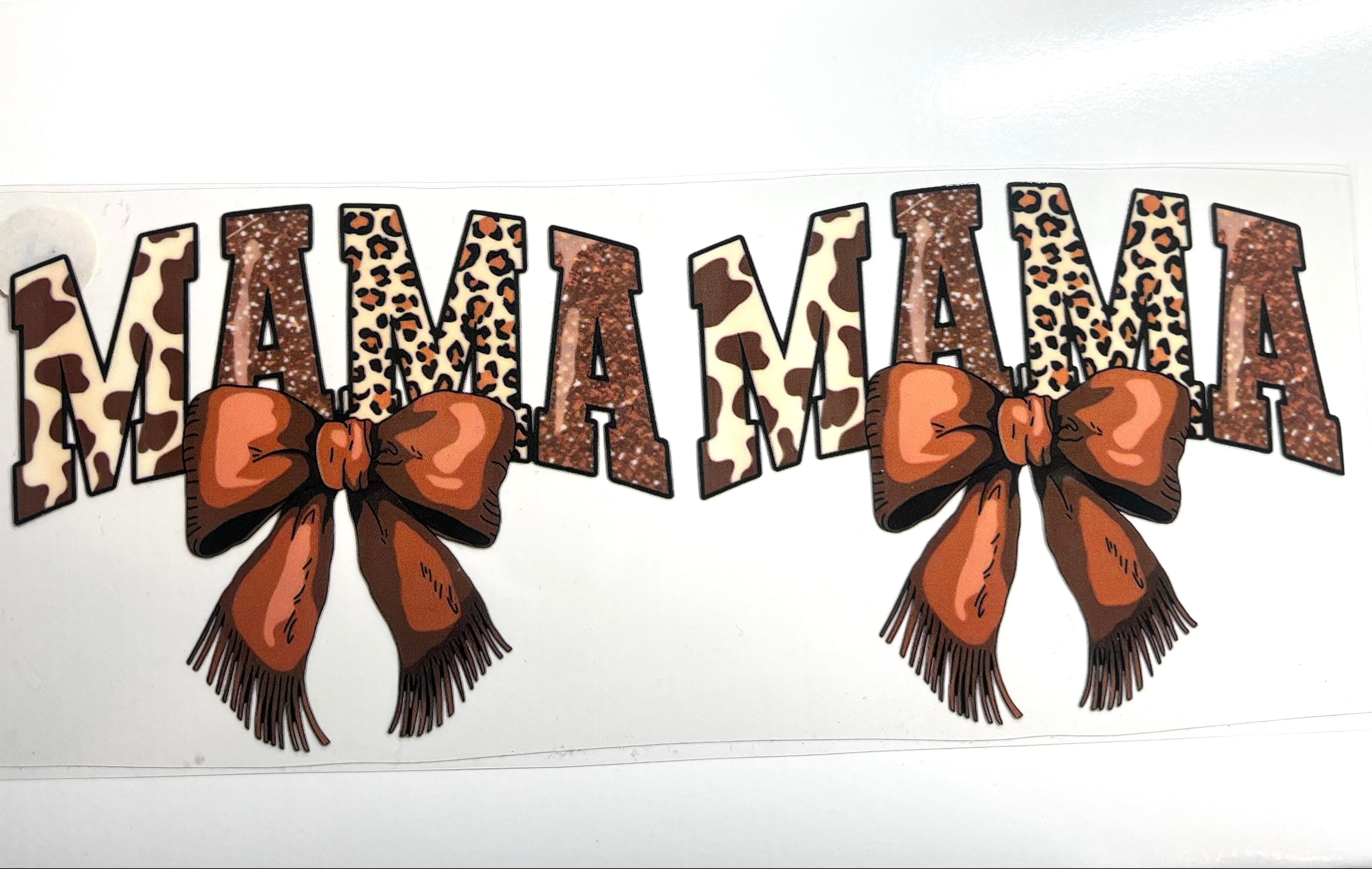 Western Mama decal with leopard print lettering and fringe bows