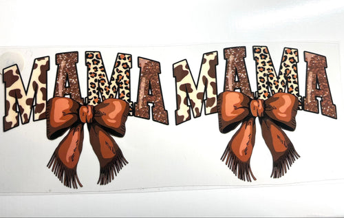 Western Mama decal with leopard print lettering and fringe bows