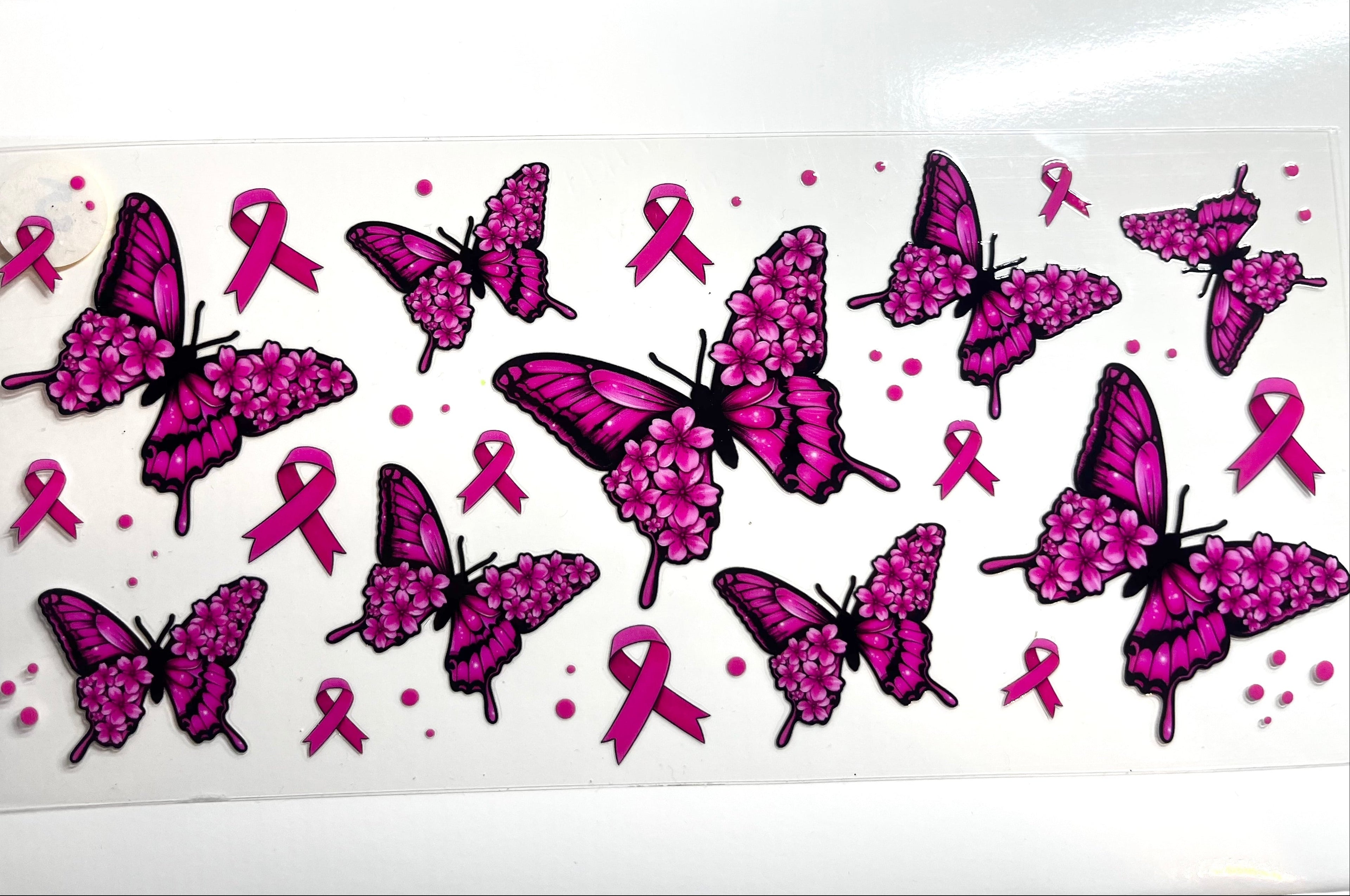 Pink butterflies and cancer awareness ribbon decal set