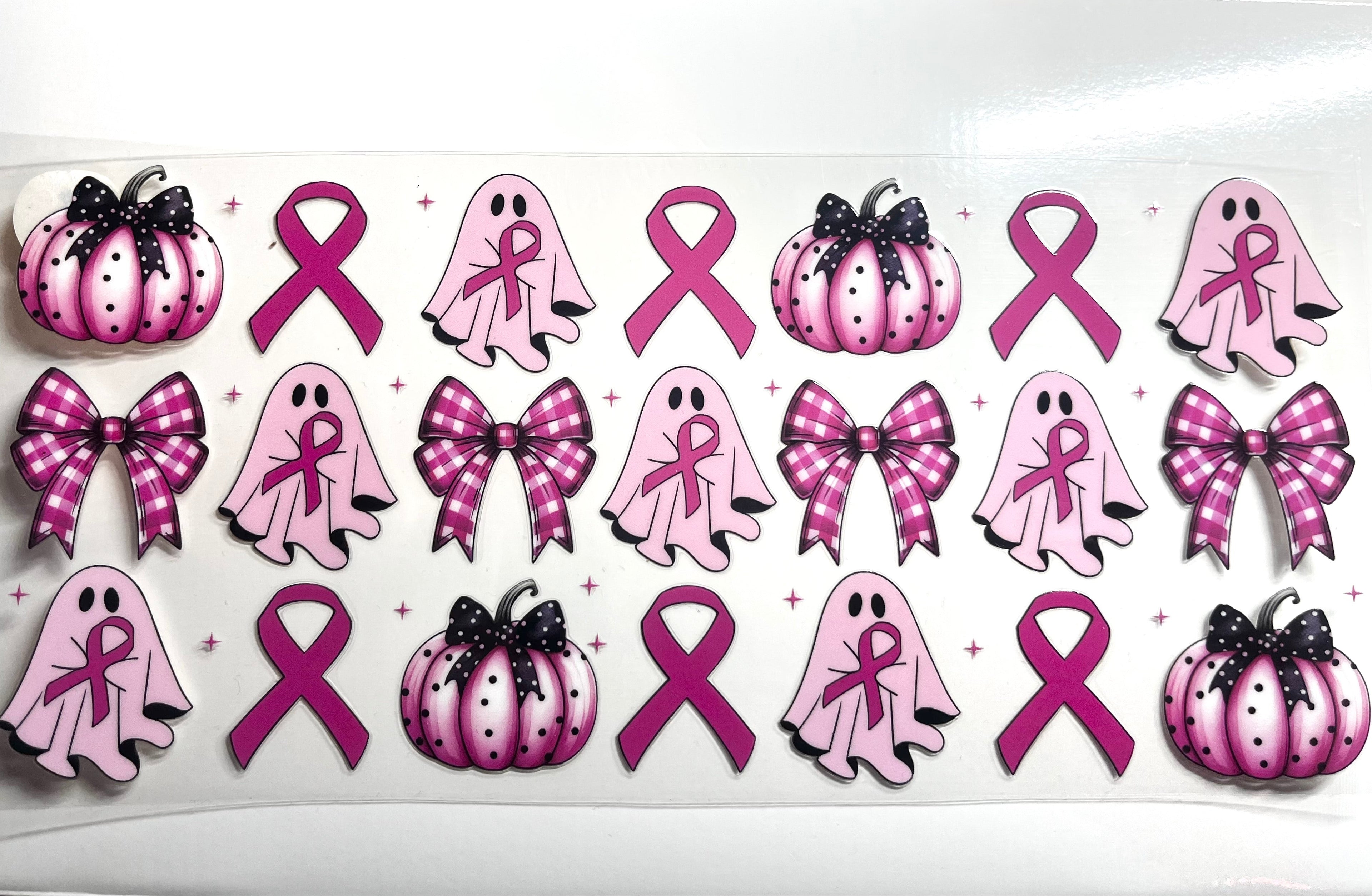 Pink Halloween cancer awareness decal with ghosts, pumpkins, bows and ribbons