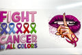 Fight Cancer in All Colors decal with multi-colored ribbons and Still Here Still Fighting design