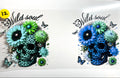 Wild Soul floral skull decal with leopard print sunflowers and butterflies in green and blue