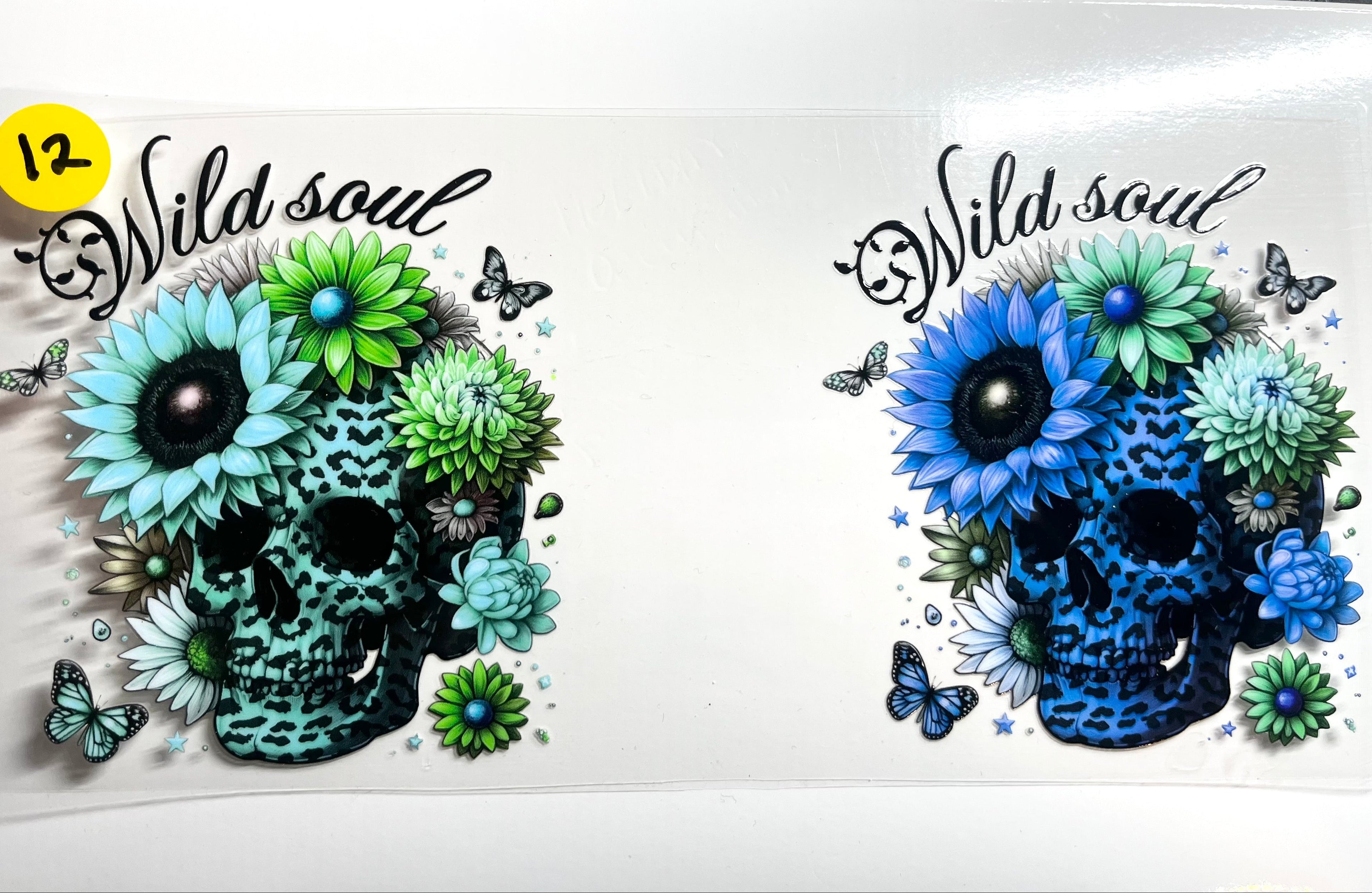 Wild Soul floral skull decal with leopard print sunflowers and butterflies in green and blue