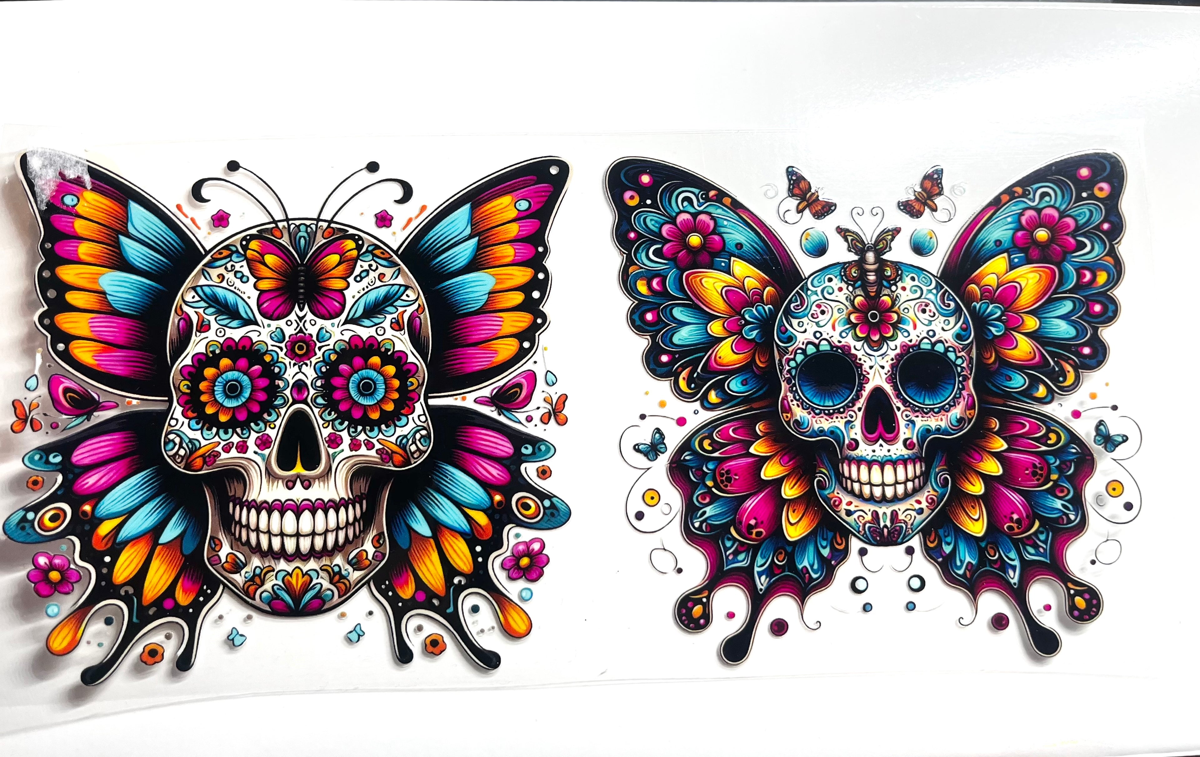 Sugar skull butterfly decal with colorful floral mandala wings