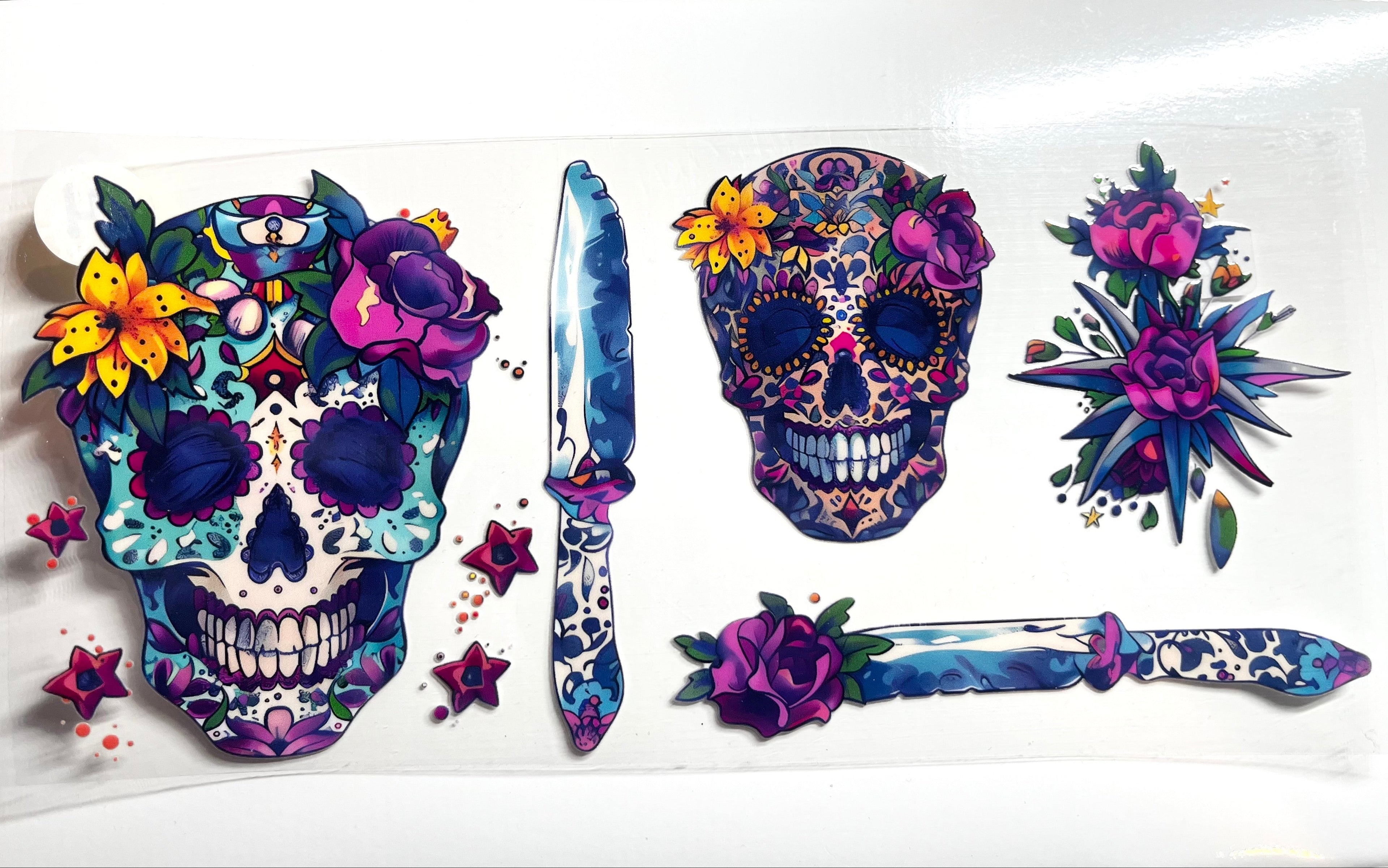 Sugar skull and floral dagger decal set in purple blue and gold