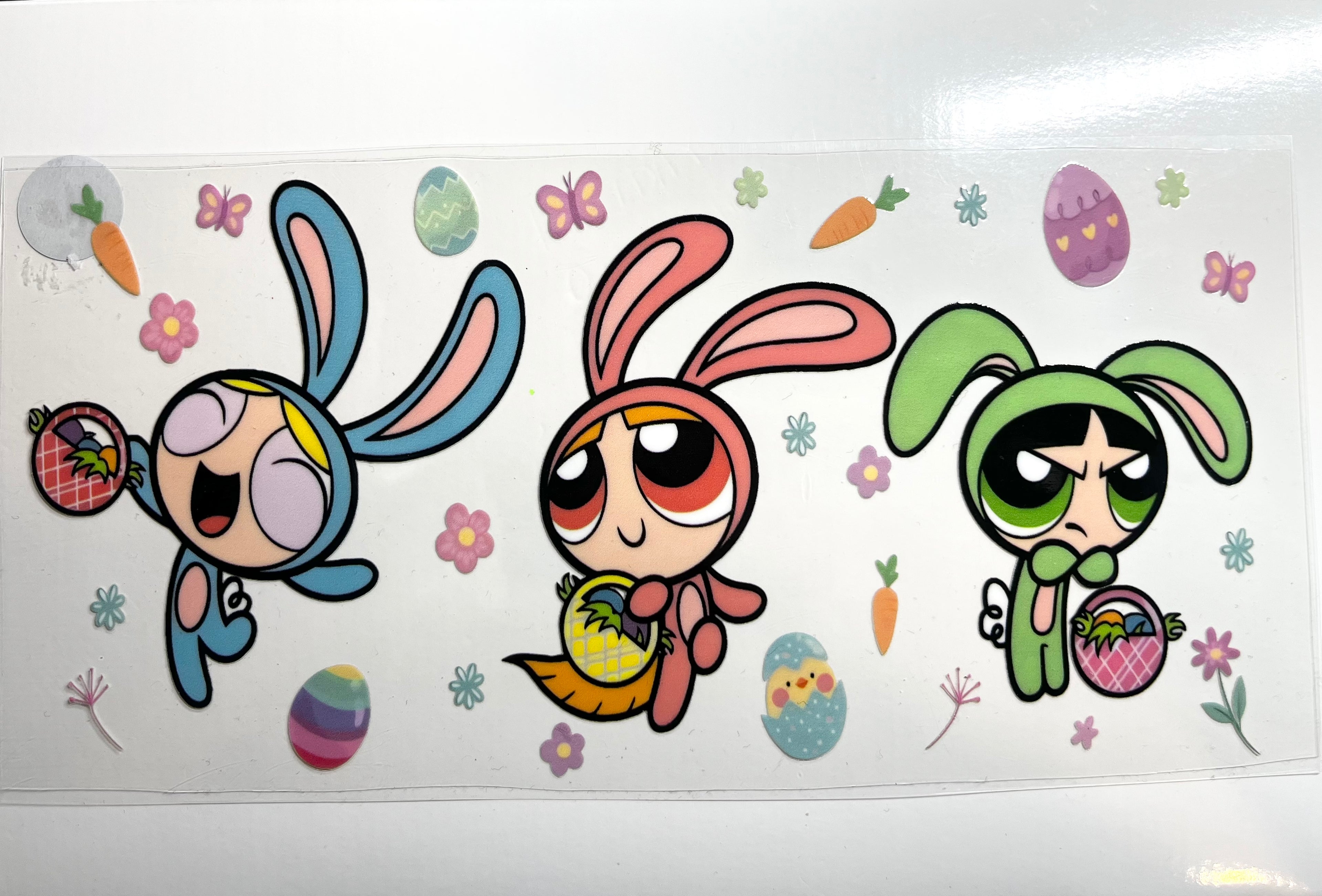 Easter superhero girls decal with bunny ears Easter eggs carrots and flowers