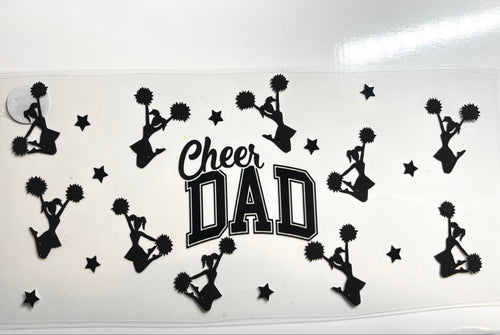 Cheer Dad decal with cheerleader silhouettes pom poms and stars in black