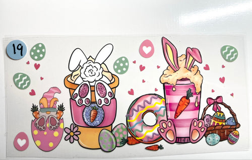 Easter coffee and donuts decal with bunny ears Easter eggs carrots and hearts