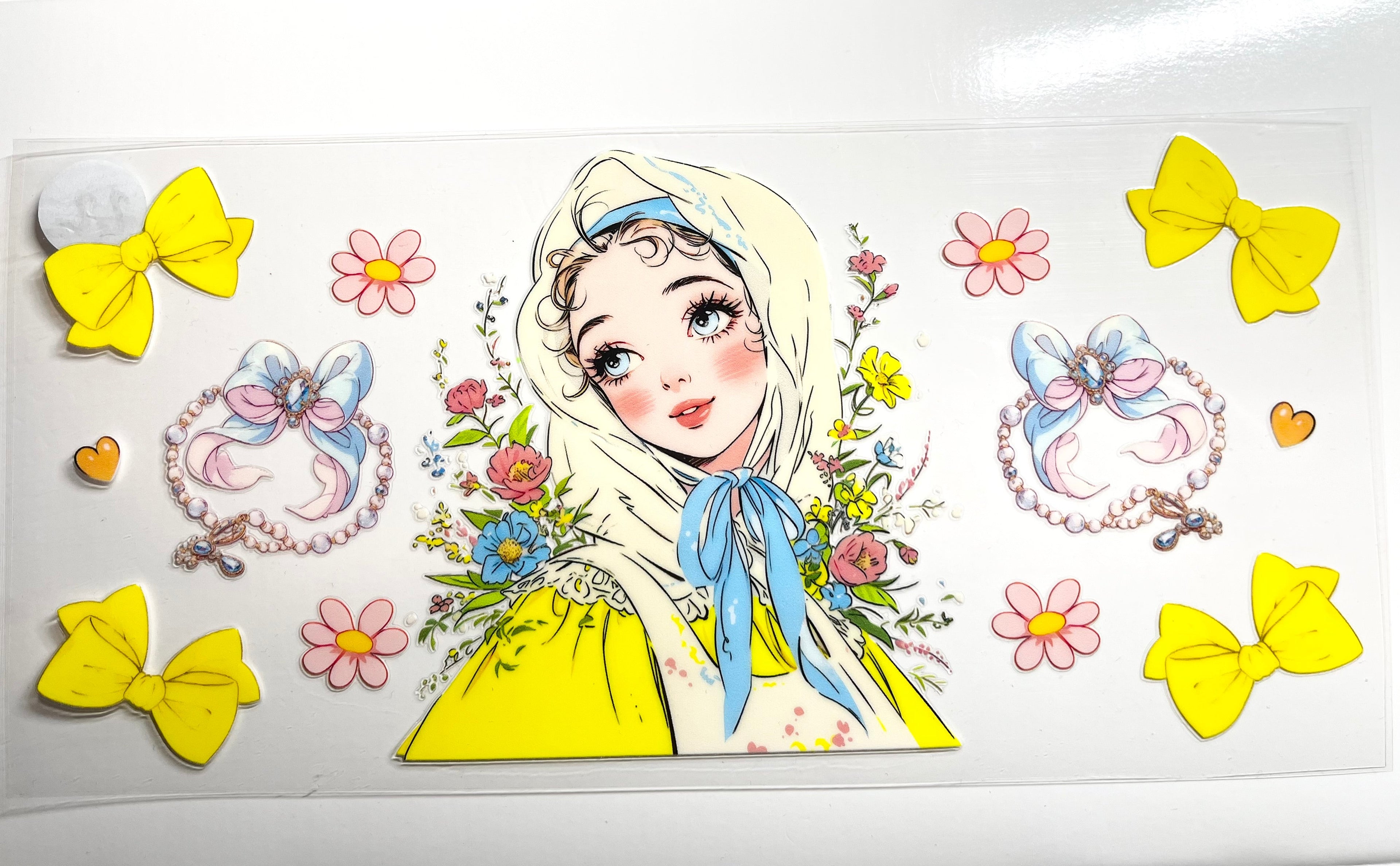 Floral hijab girl decal with yellow bows daisies pearl bracelets and hearts