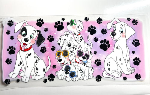Spotty dalmatian pups with sunglasses decal on pink paw print background