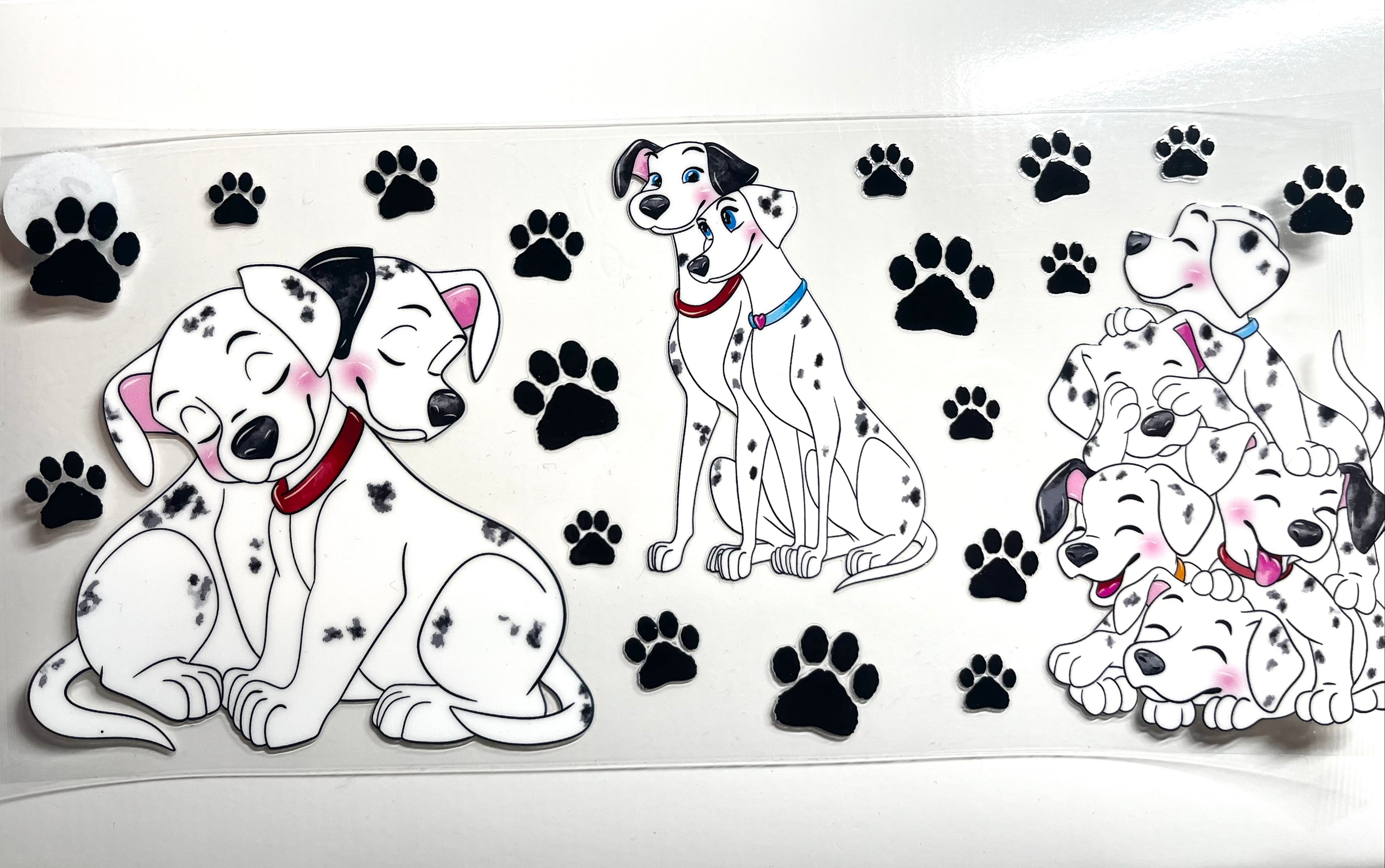 Dalmatian dogs and paw prints decal with cuddling pups and puppy pile