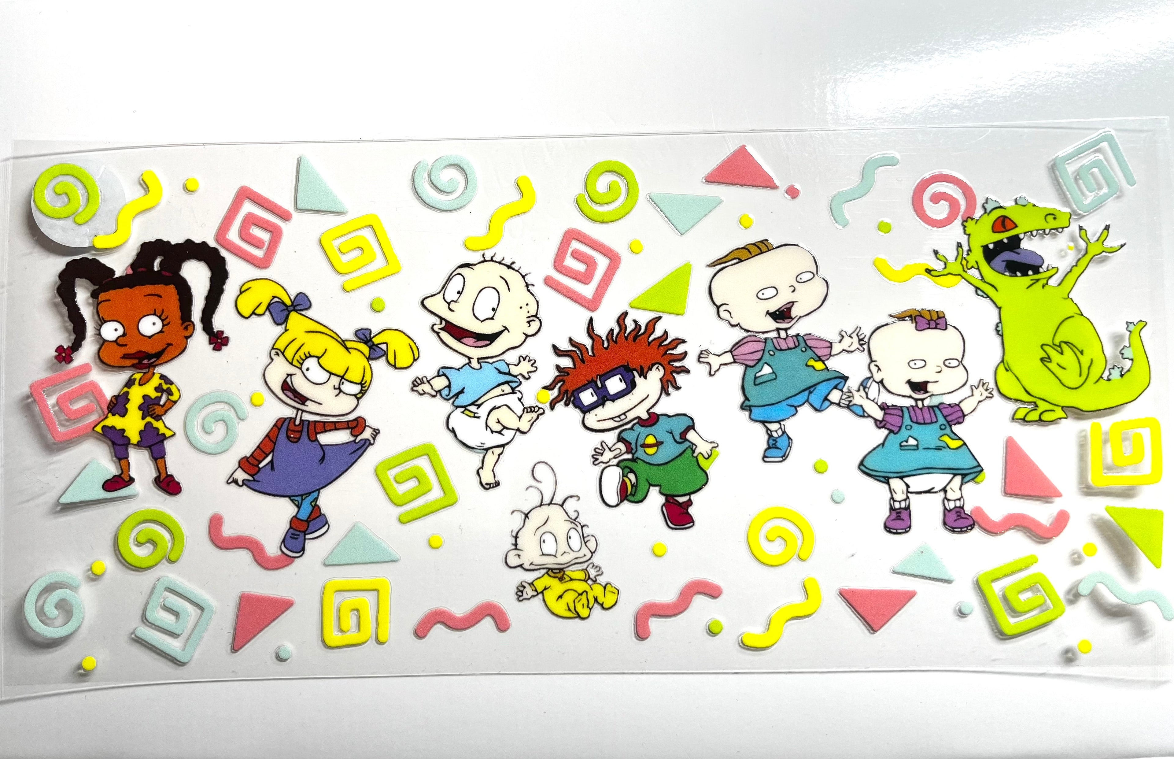 90s cartoon babies decal with retro geometric shapes and colorful characters