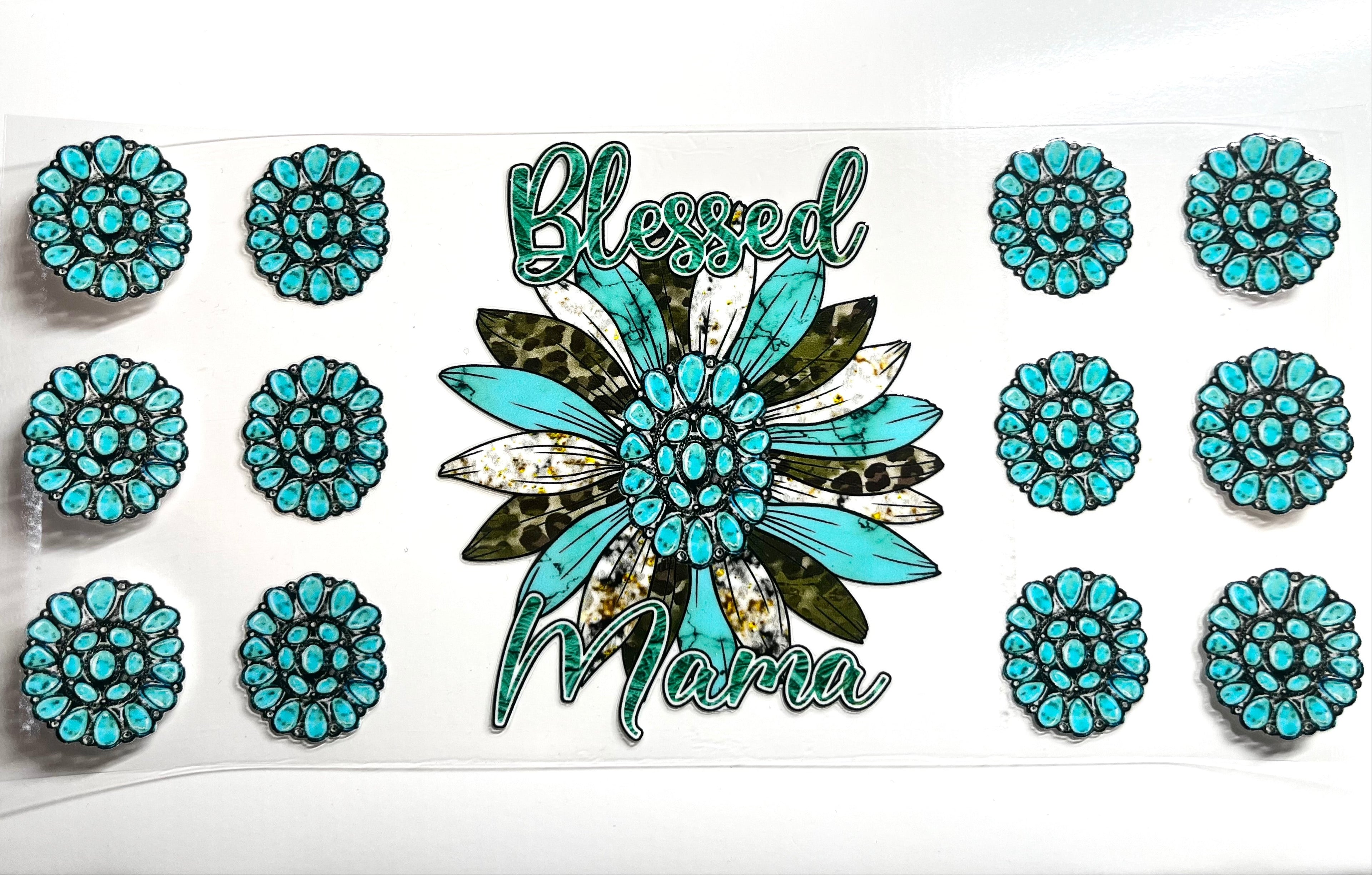 Blessed Mama turquoise western sunflower decal with leopard print and concho buttons