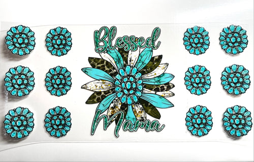 Blessed Mama turquoise western sunflower decal with leopard print and concho buttons