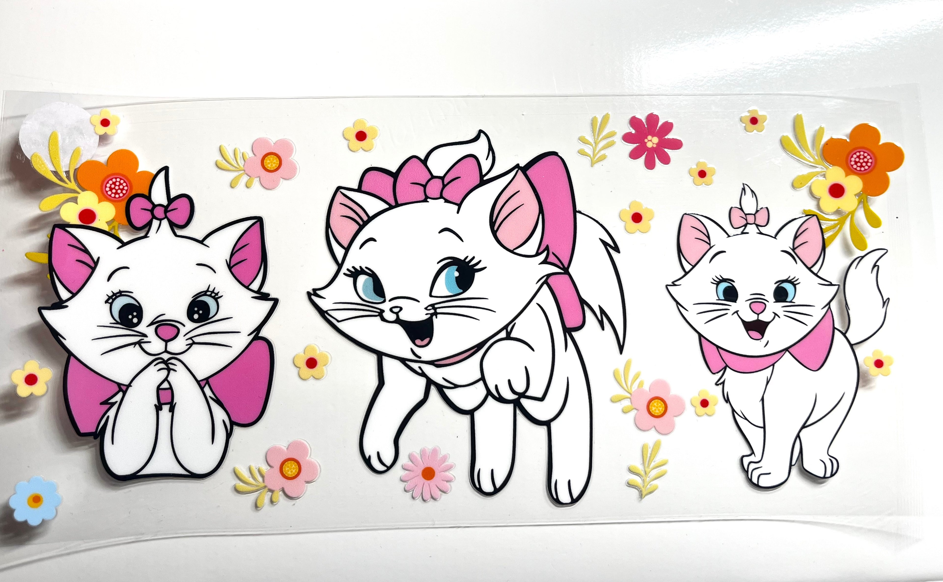 Fancy white kitty decal with pink bows and colorful flowers