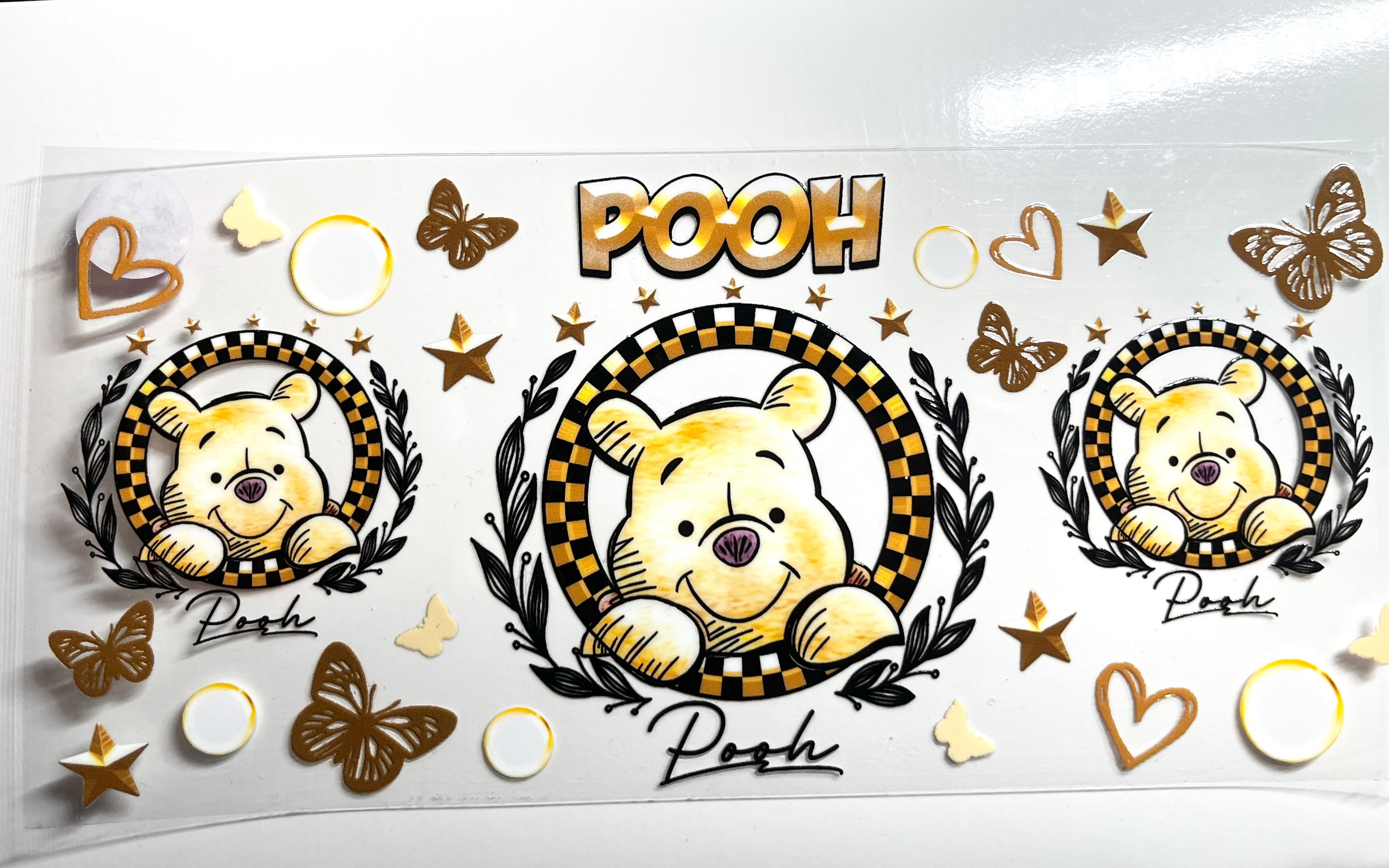 Golden honey bear decal with checkered wreath frames butterflies stars and hearts