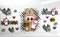 Cute bunny with chicken sandwich and drink decal on checkered background with daisies and purple hearts