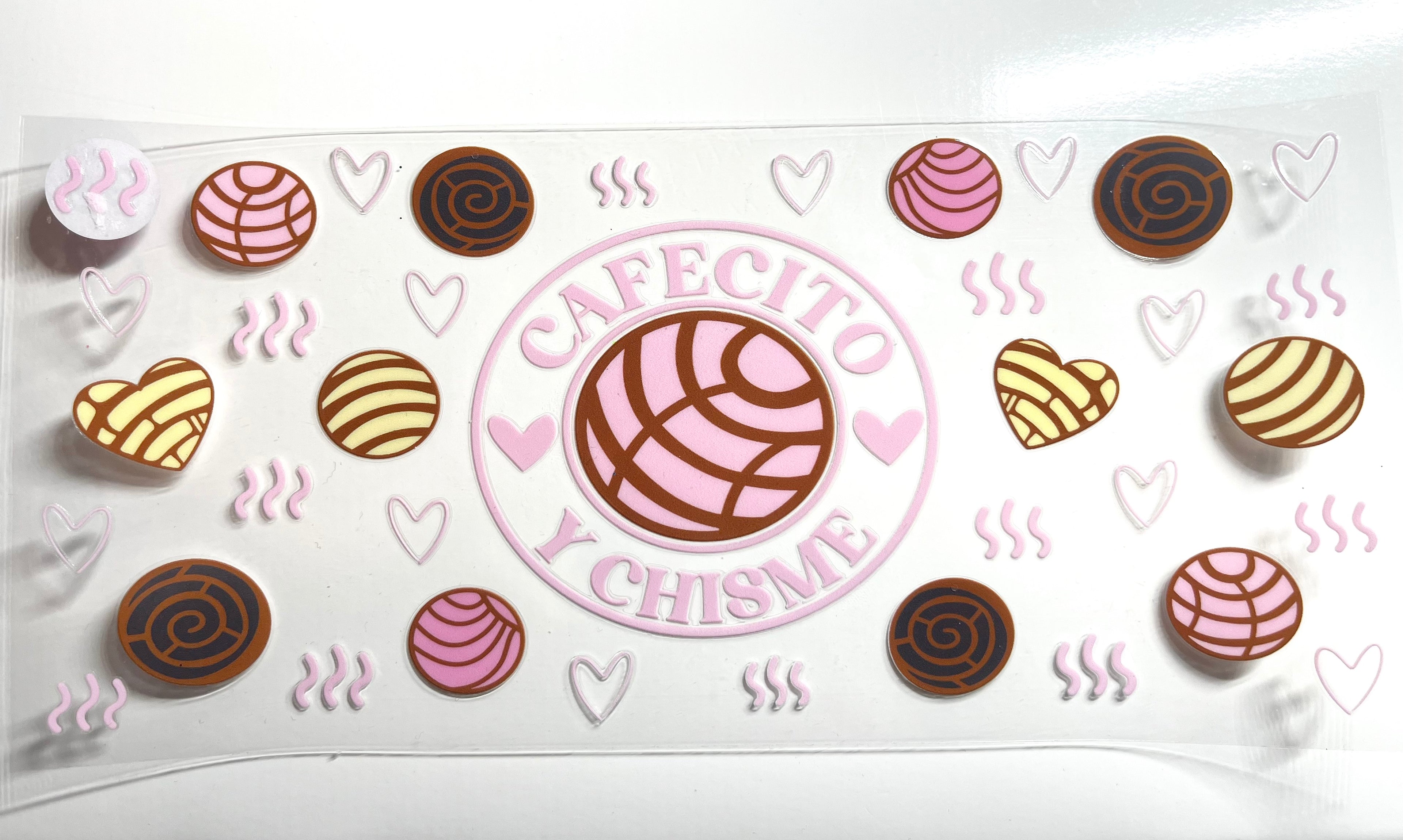 Cafecito y Chisme decal with pan dulce conchas hearts and steam swirls in pink and brown