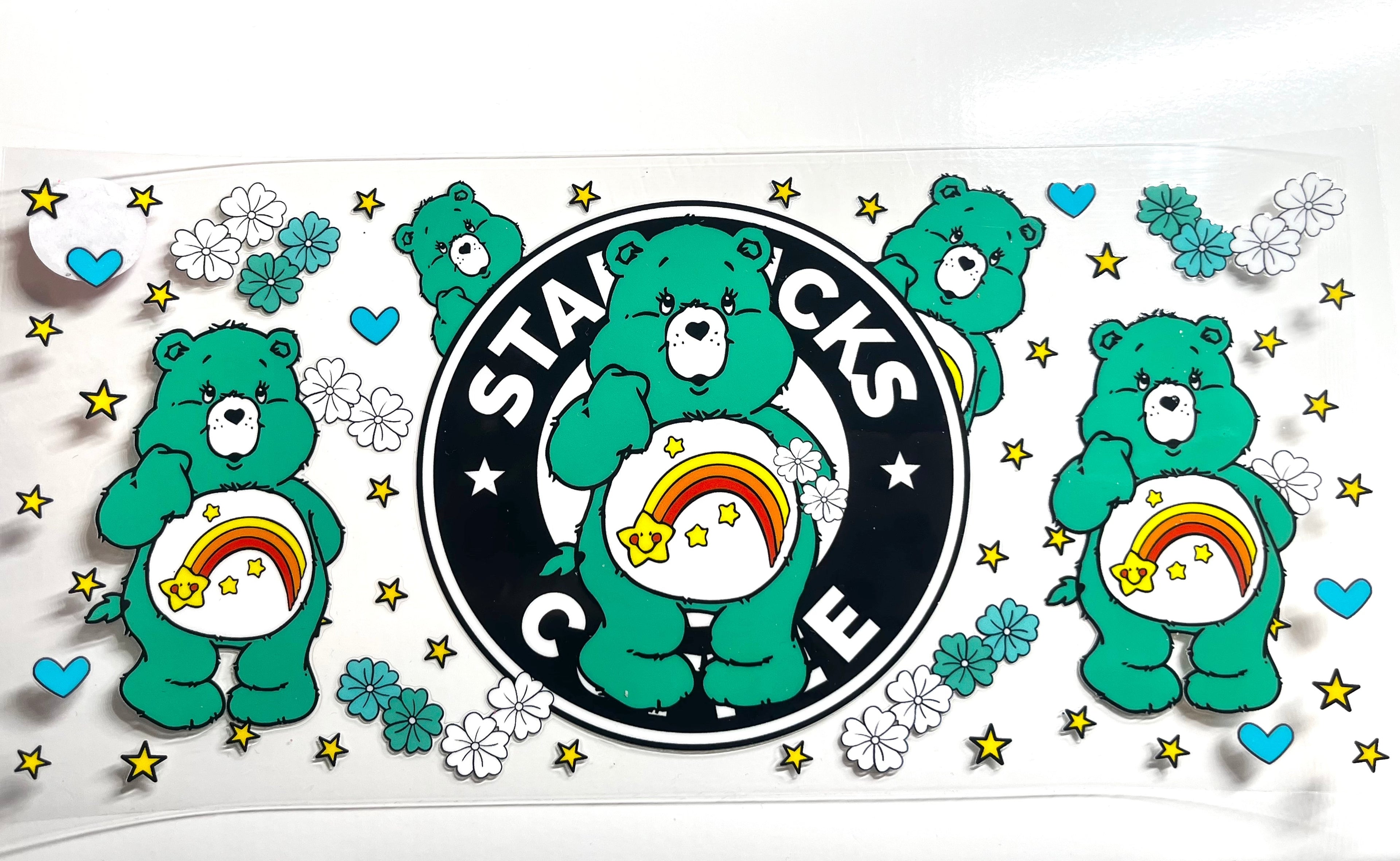 Green rainbow bear coffee lover decal with stars blue hearts and white flowers