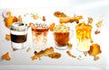 Watercolor coffee lineup decal with hot latte iced coffee whipped mocha and caramel drip drinks
