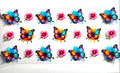 Watercolor butterflies and pink blooms decal with vibrant orange blue and purple wings and paint splash accents