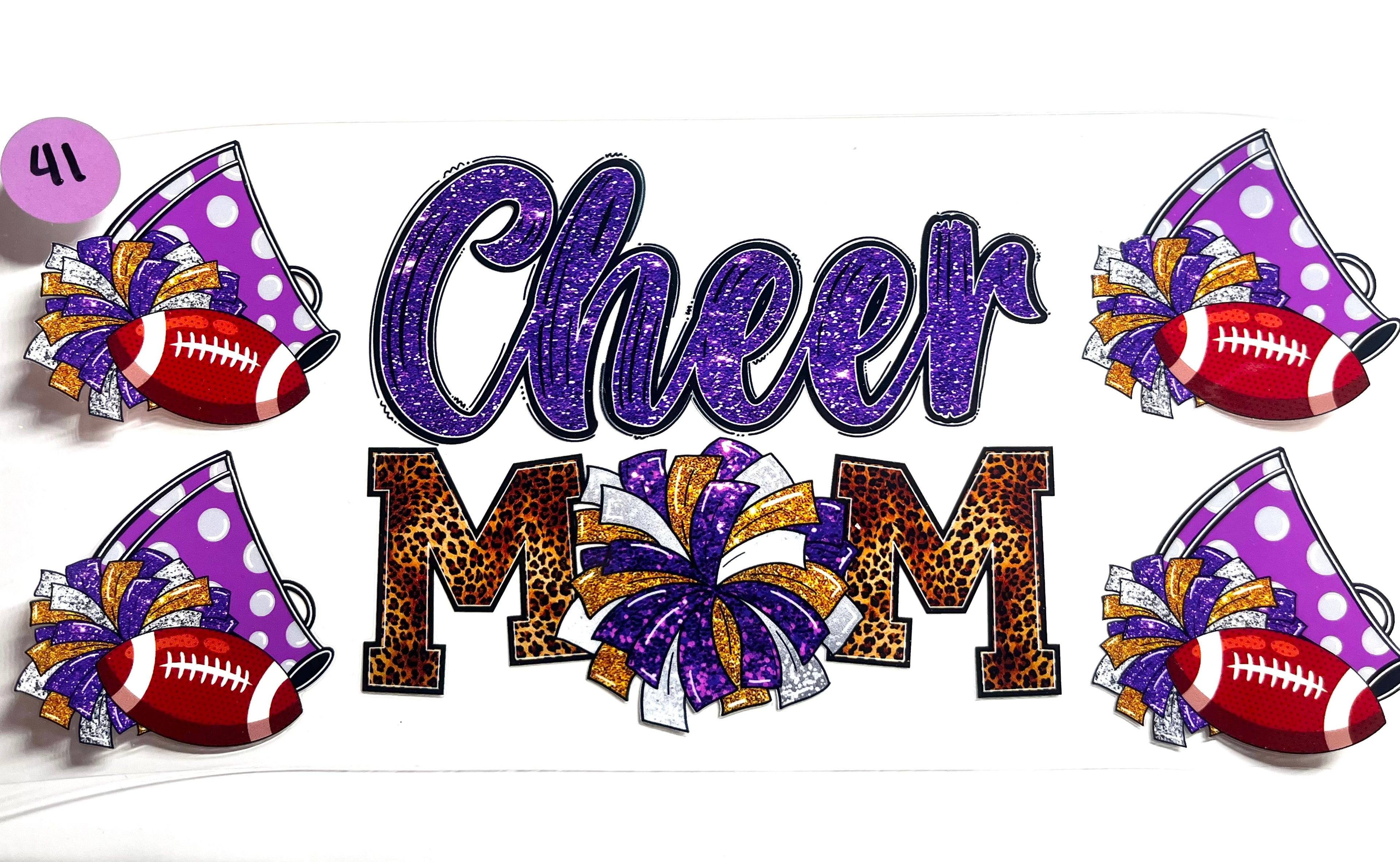 Cheer Mom decal with purple glitter text leopard print letters pom poms megaphone and football