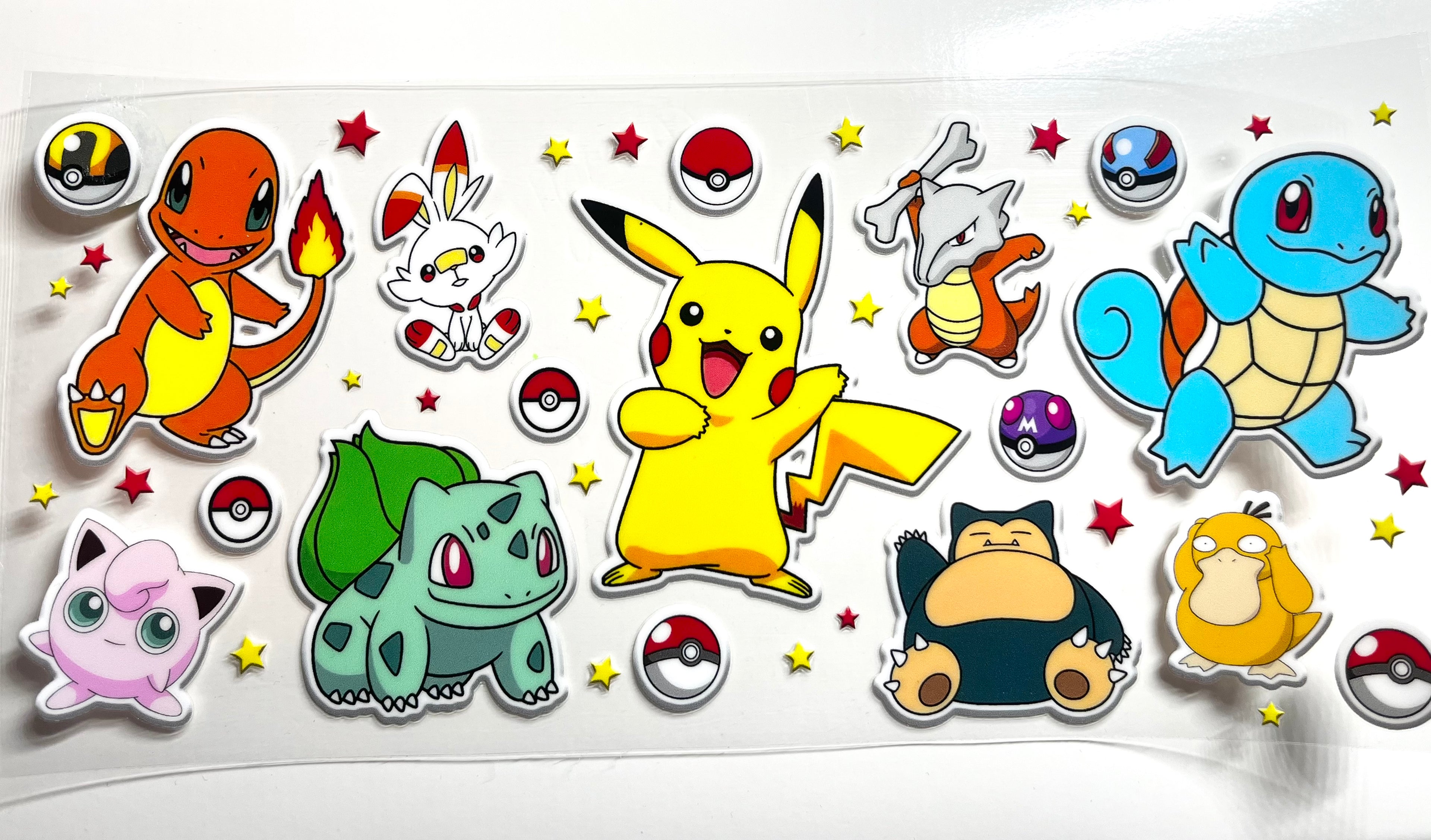 Pocket monsters and poke balls decal with colorful cartoon creatures and stars