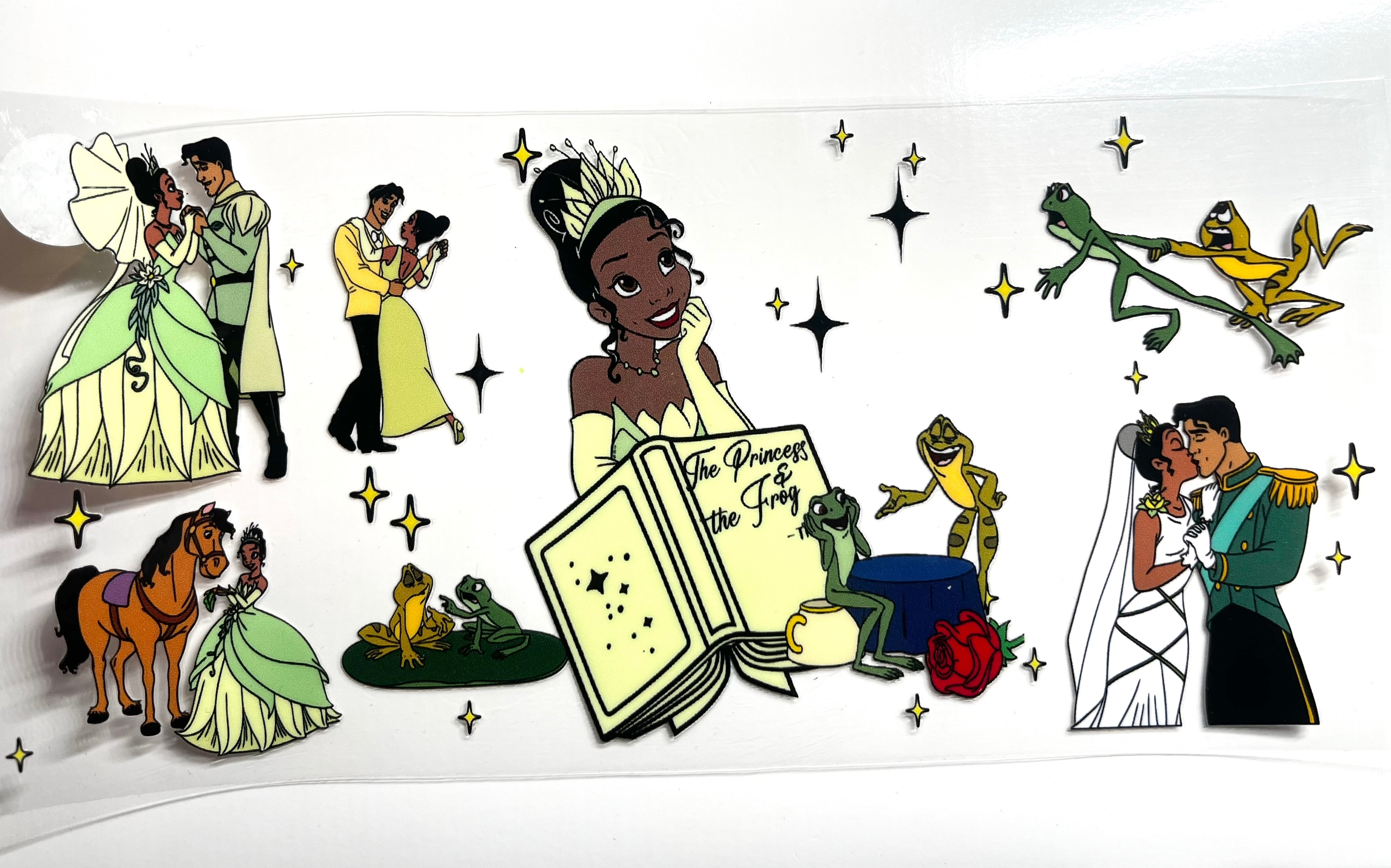 Princess kisses frog fairytale decal with wedding scenes dancing couples frogs and sparkle stars