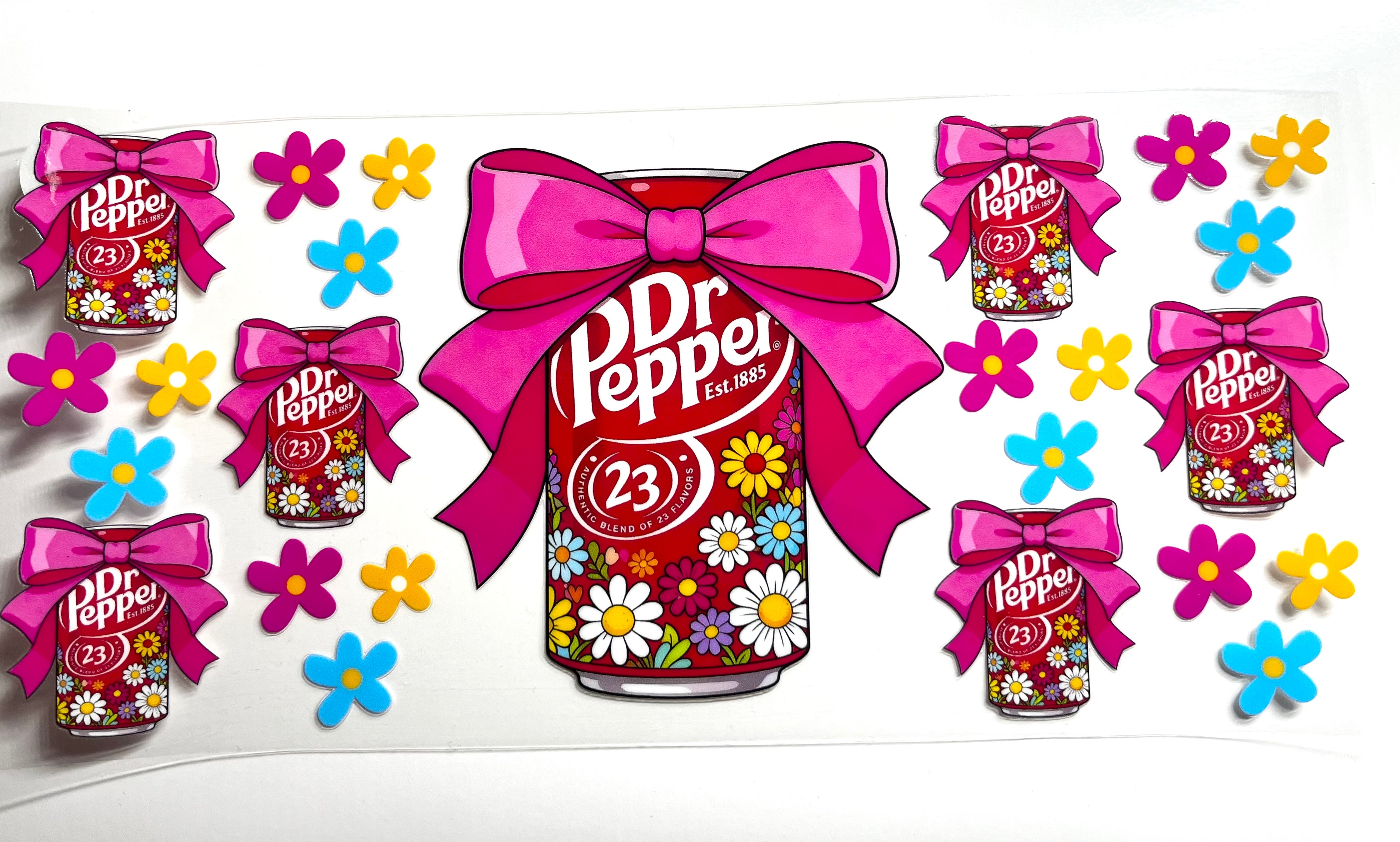 Soda can and pink bows decal with colorful daisy flowers in blue yellow and pink