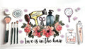 Love Is In The Hair beauty salon decal with hair dryer brushes scissors perfume and pink floral accents