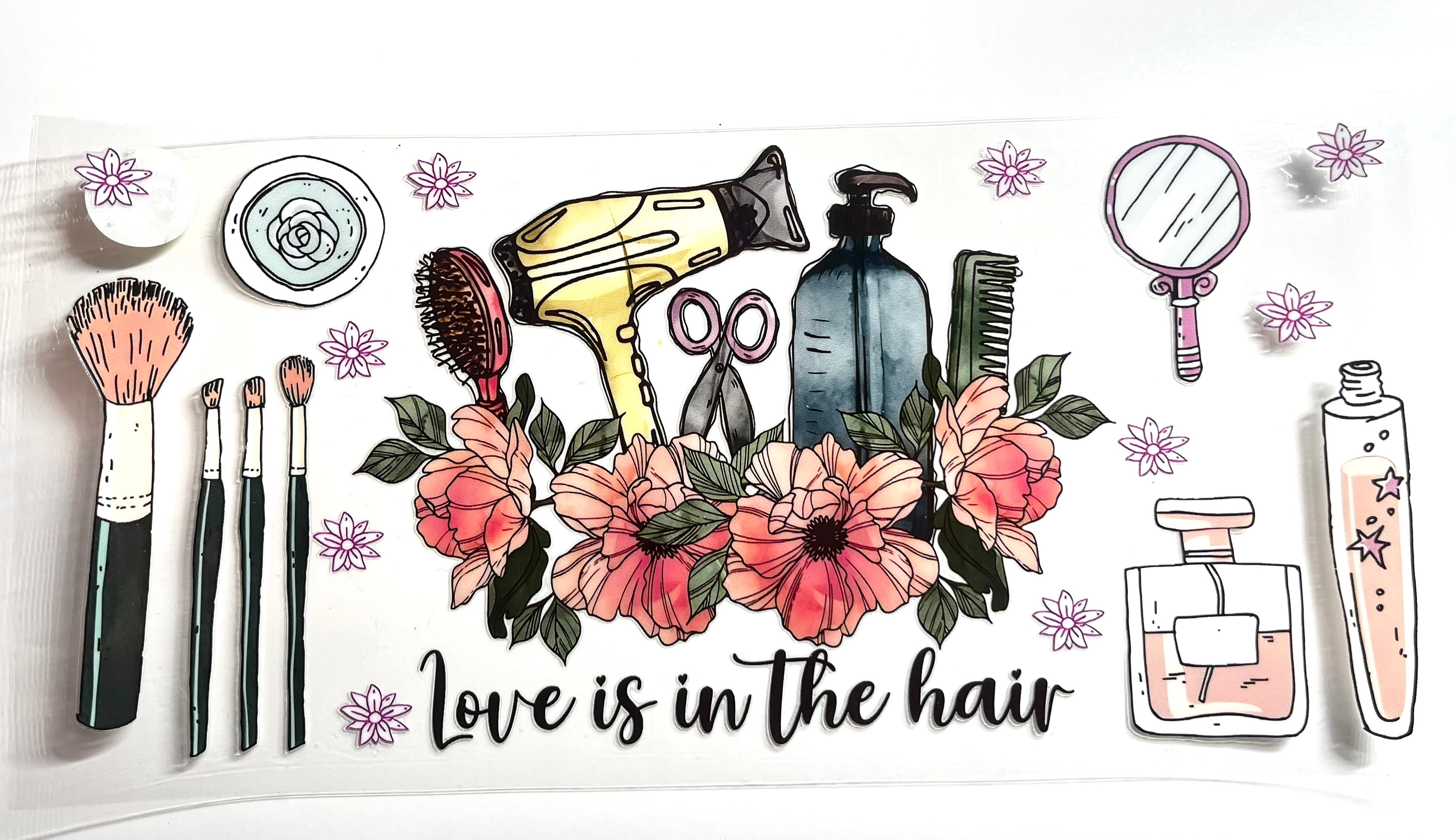 Love Is In The Hair beauty salon decal with hair dryer brushes scissors perfume and pink floral accents