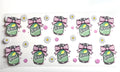 Lemon lime soda cans with lavender polka dot bows white daisies and pink bubbles decal