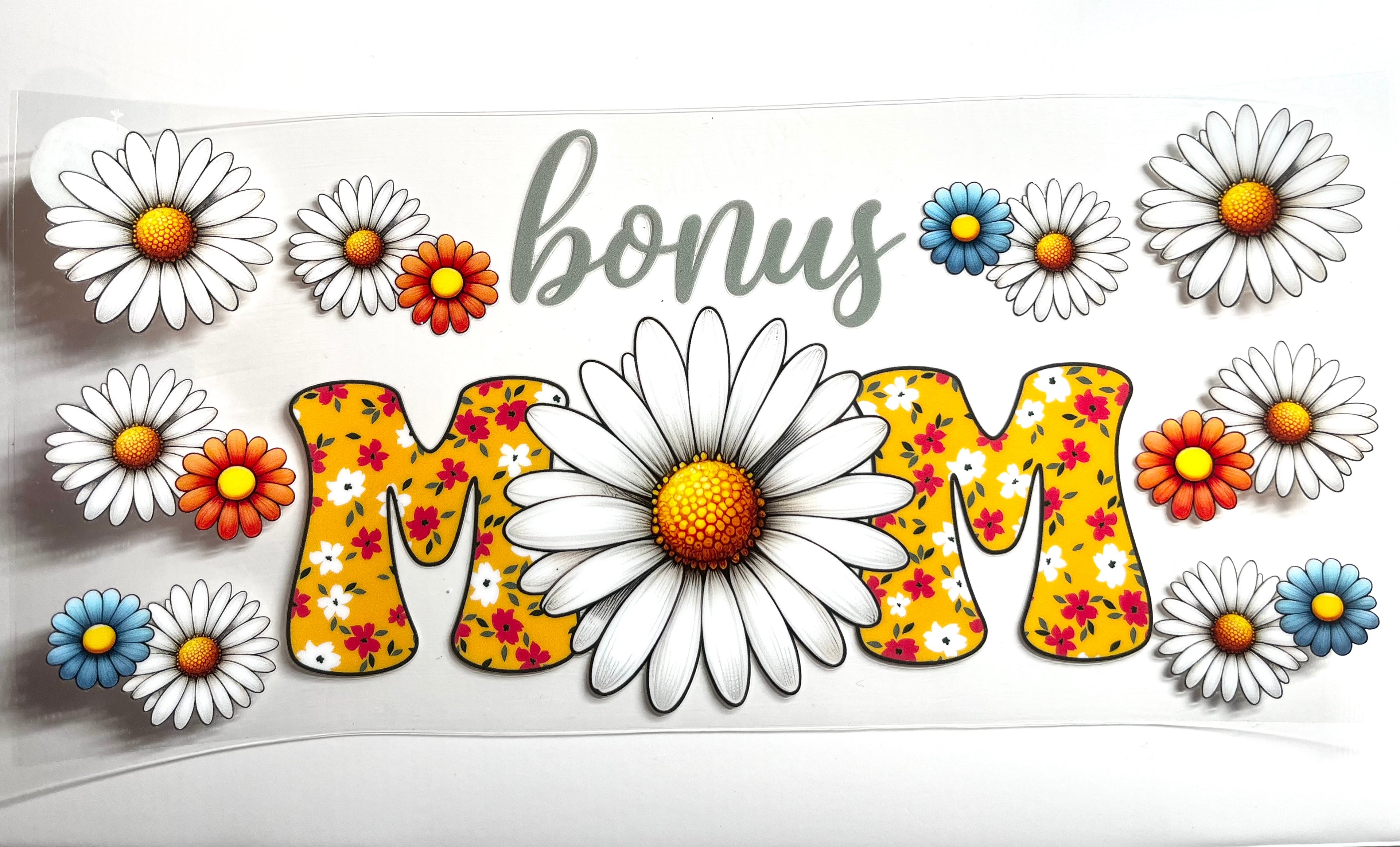 Bonus Mom floral decal with yellow daisy letters colorful daisies and script text