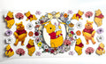 Honey bear and bunny friends floral decal with pink peonies colorful wildflowers and gold bow frame
