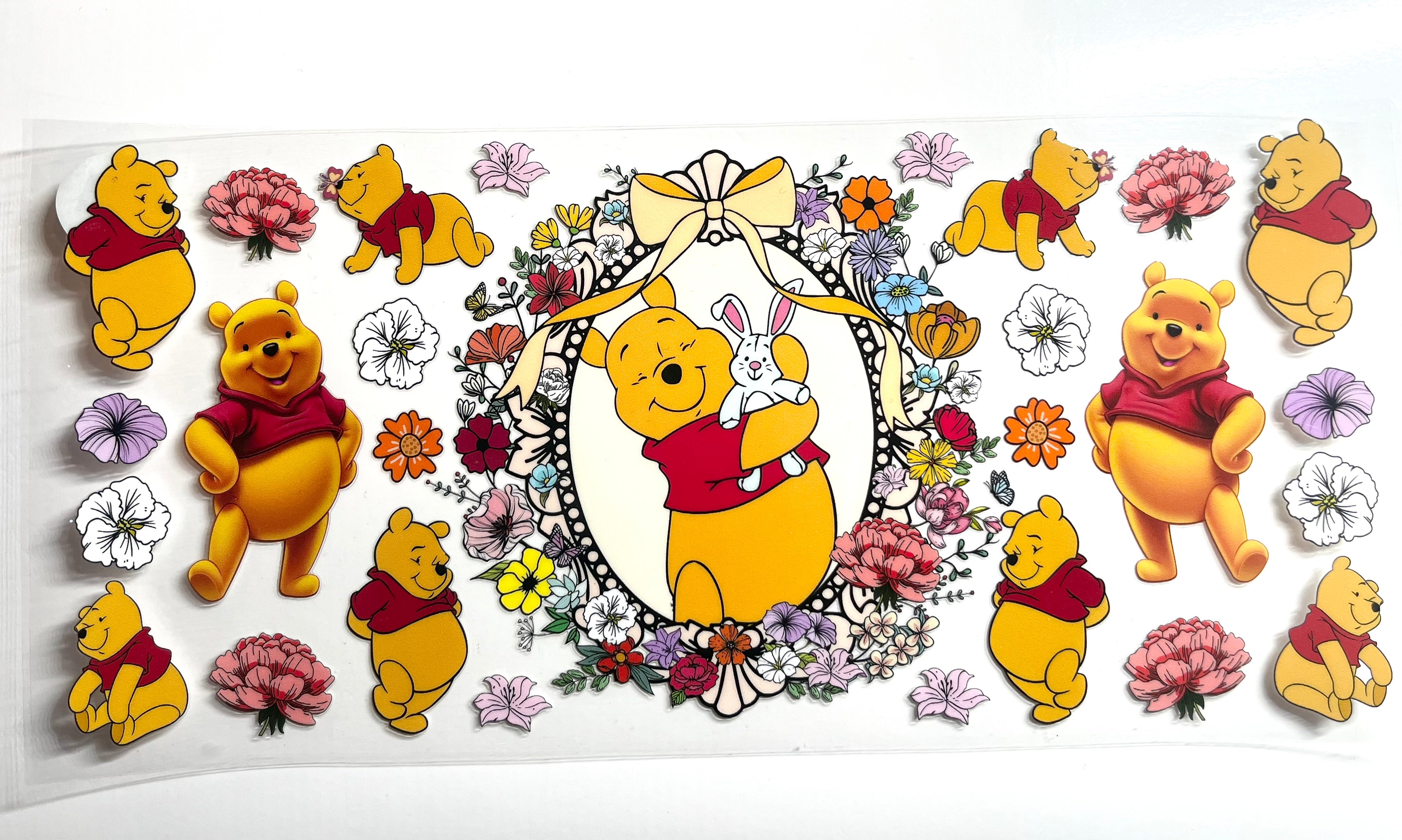 Honey bear and bunny friends floral decal with pink peonies colorful wildflowers and gold bow frame