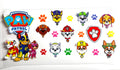 Rescue pups squad decal with colorful cartoon dog heroes paw prints and shield badge
