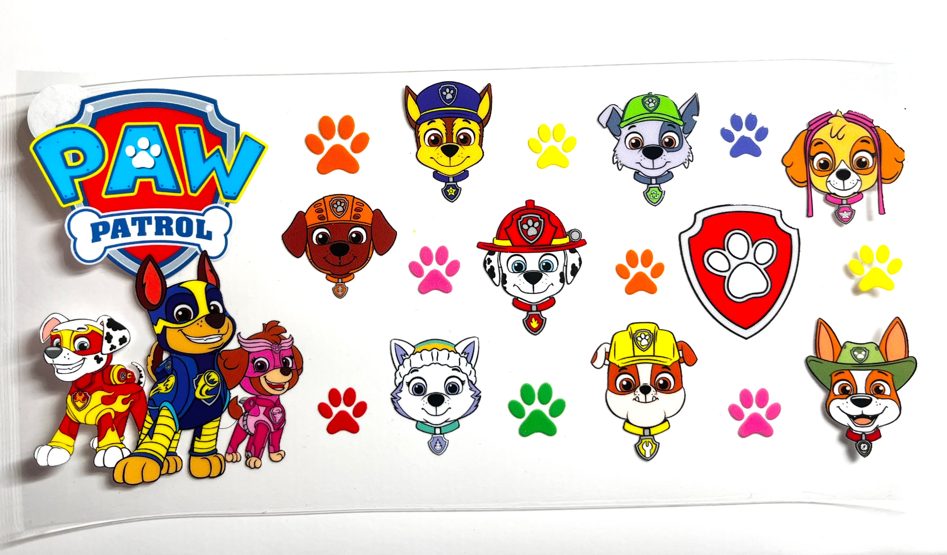Rescue pups squad decal with colorful cartoon dog heroes paw prints and shield badge