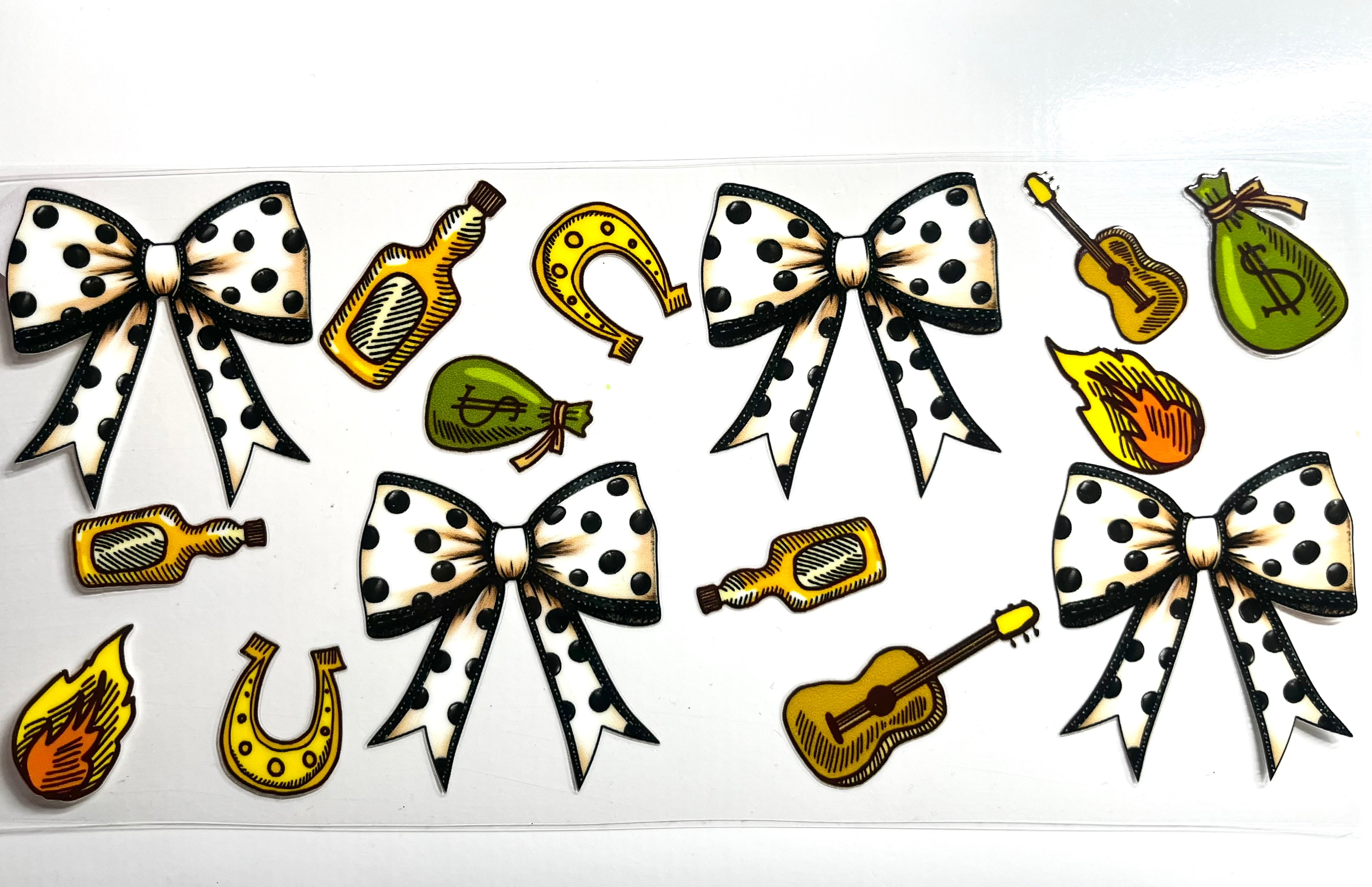 Country girl polka dot bows decal with guitars horseshoes whiskey bottles money bags and flames
