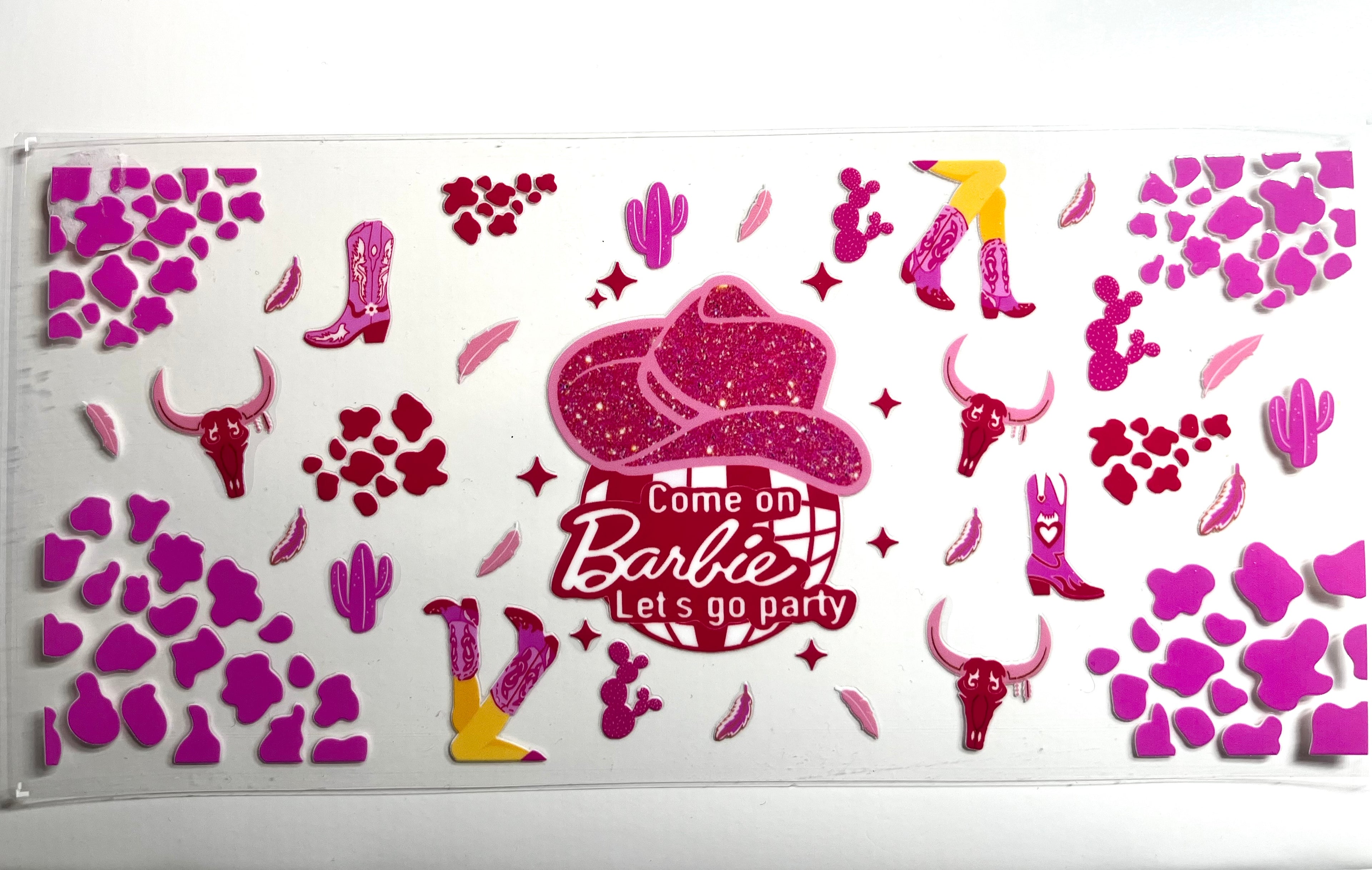 Pink western cowgirl party decal with glitter cowboy hat cowboy boots cacti bull skulls and hot pink cow print