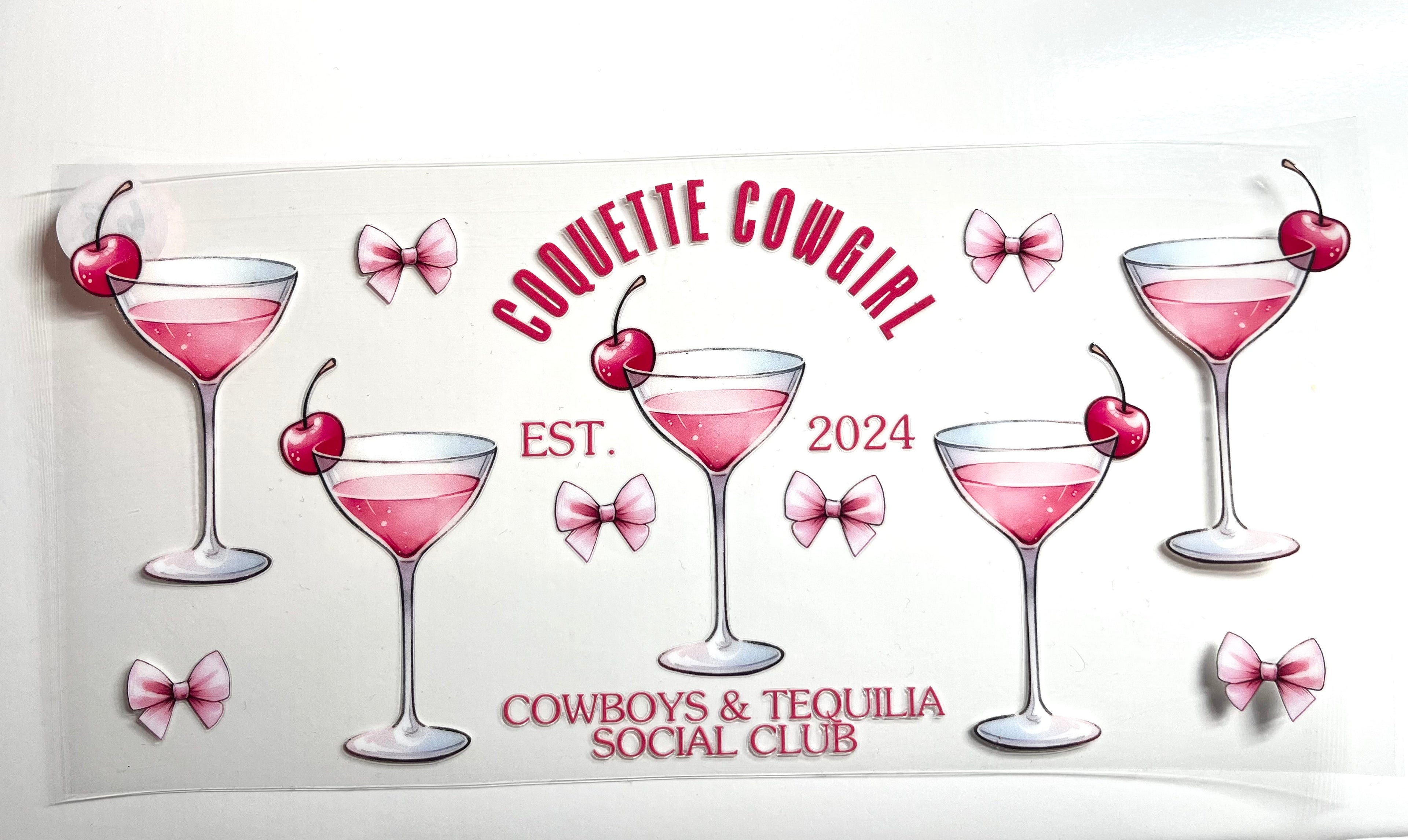Coquette Cowgirl Cowboys and Tequila Social Club decal with pink cosmo cocktails cherries and satin bows