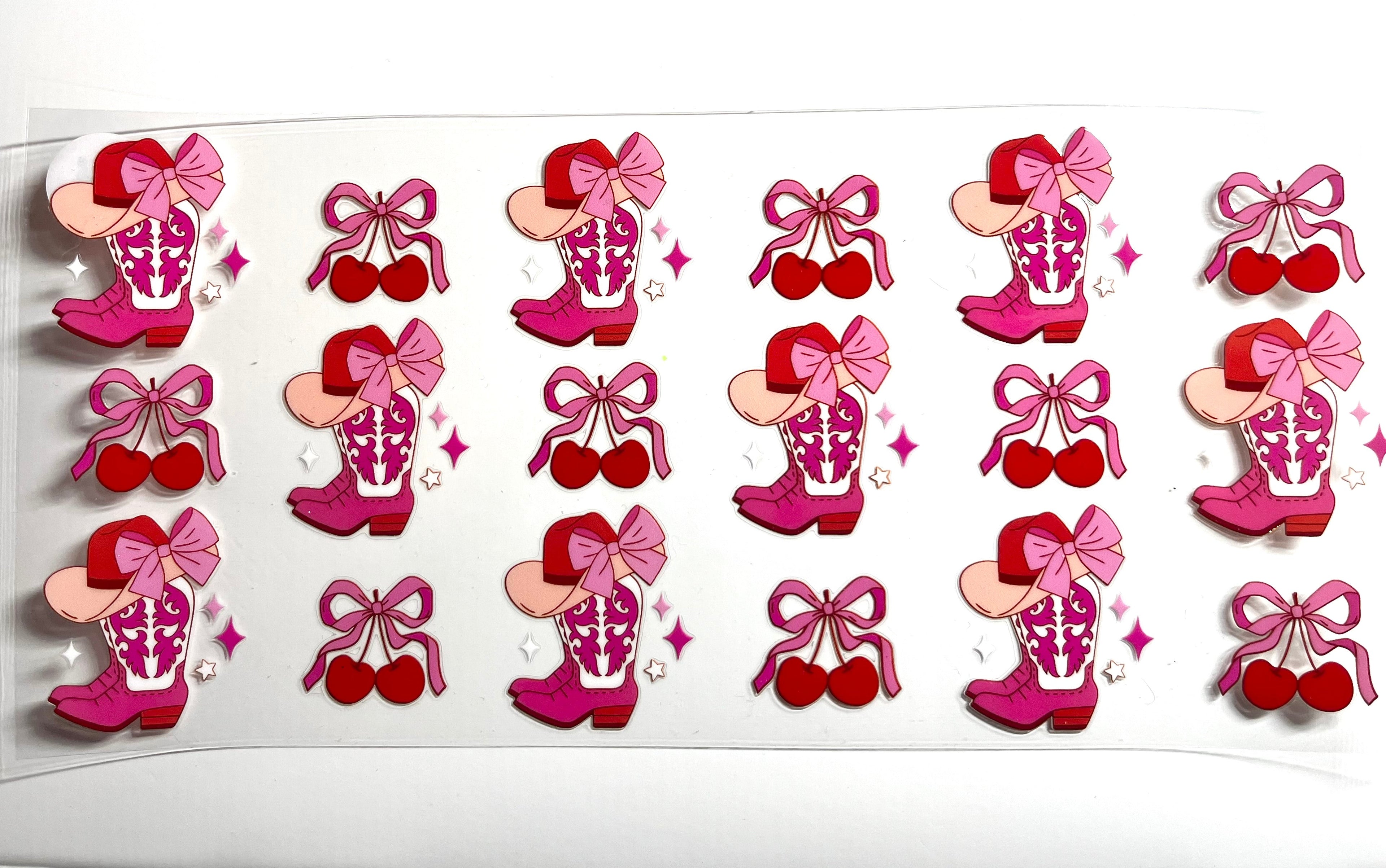 Cowgirl boots cherries and pink bows decal with sparkle stars and cowboy hat coquette western aesthetic