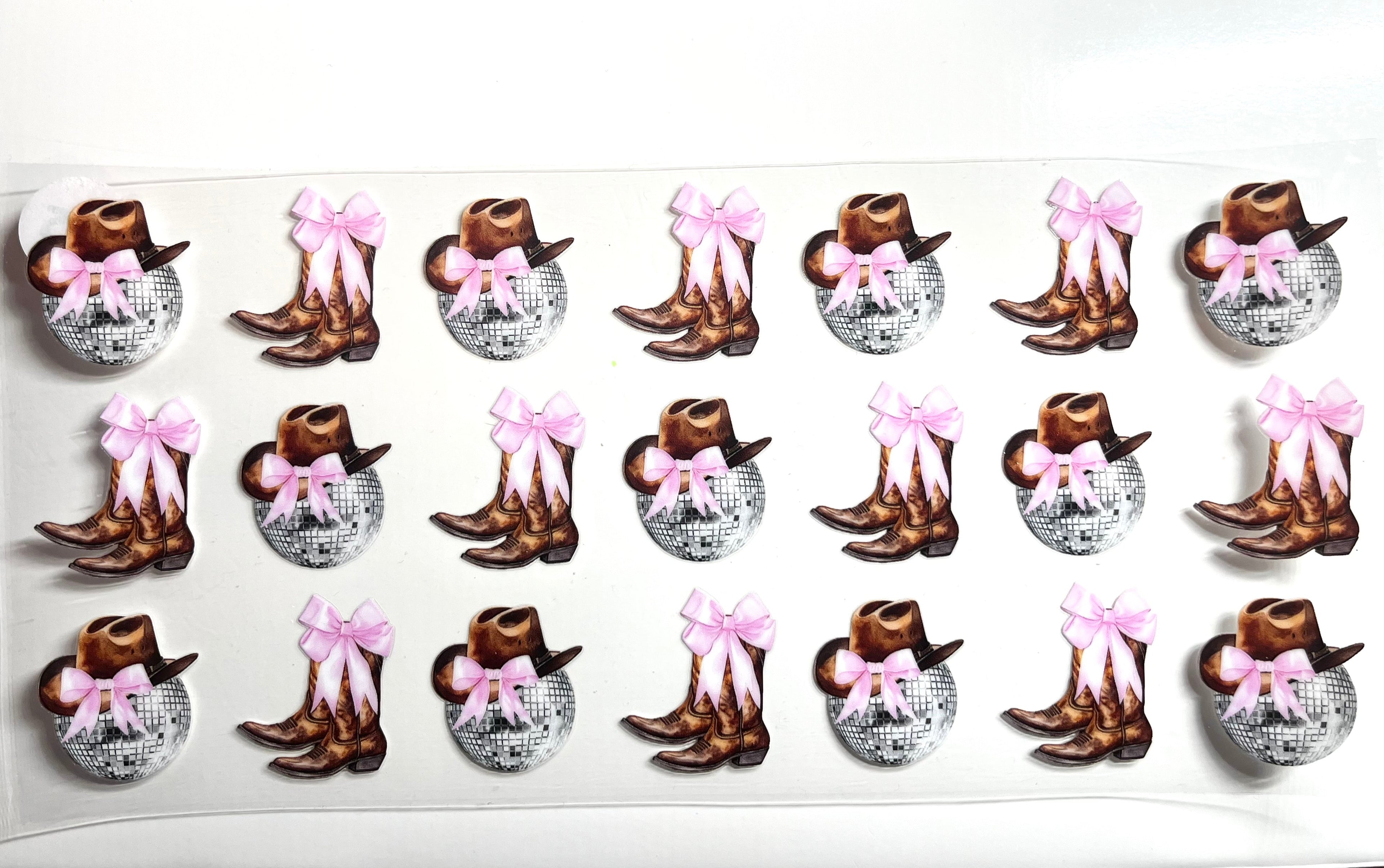 Disco ball cowgirl boots and pink bow decal with brown cowboy hat western disco aesthetic
