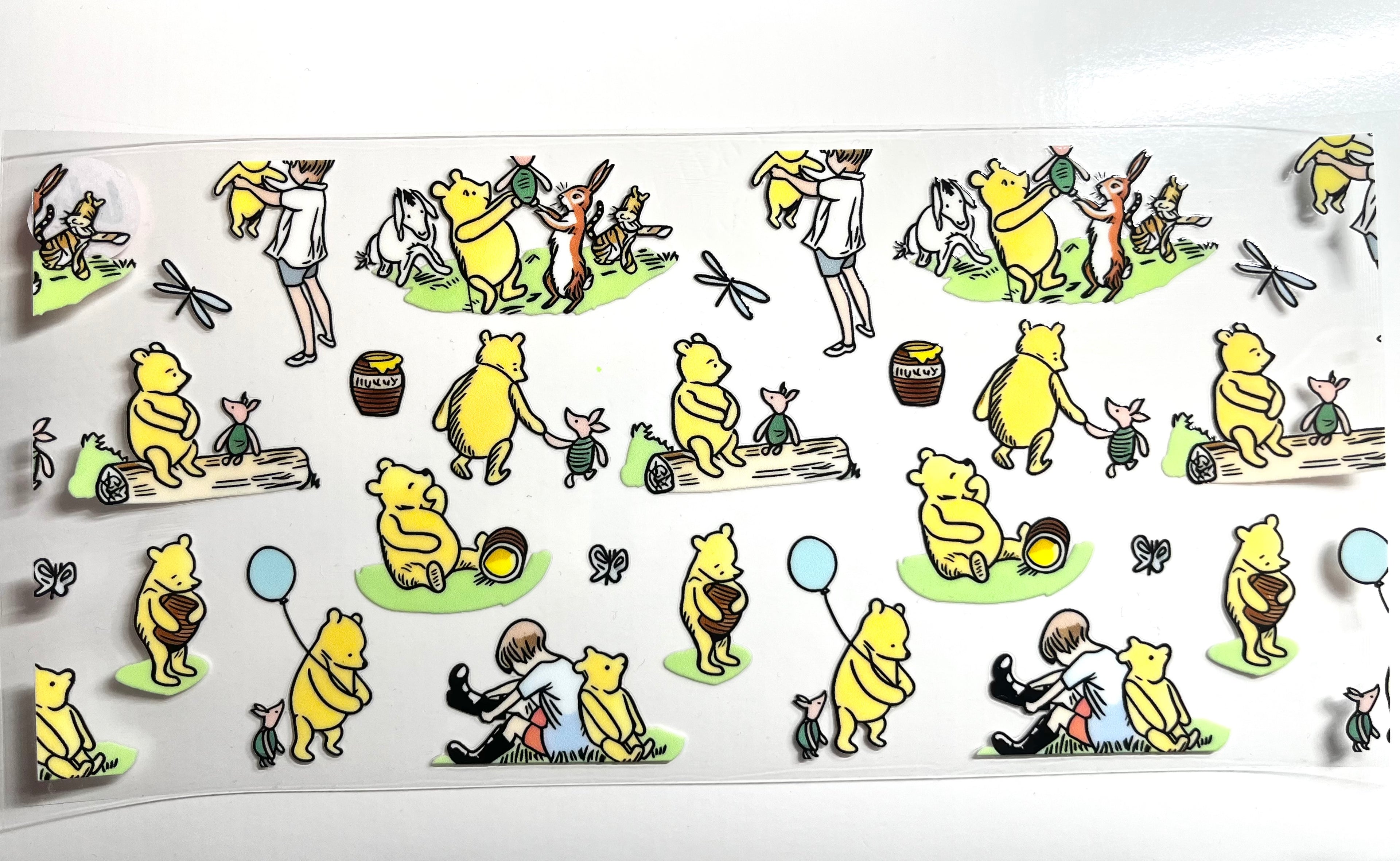 Honey bear and friends classic storybook decal with yellow bear pink pig grey donkey and boy in vintage illustrated style