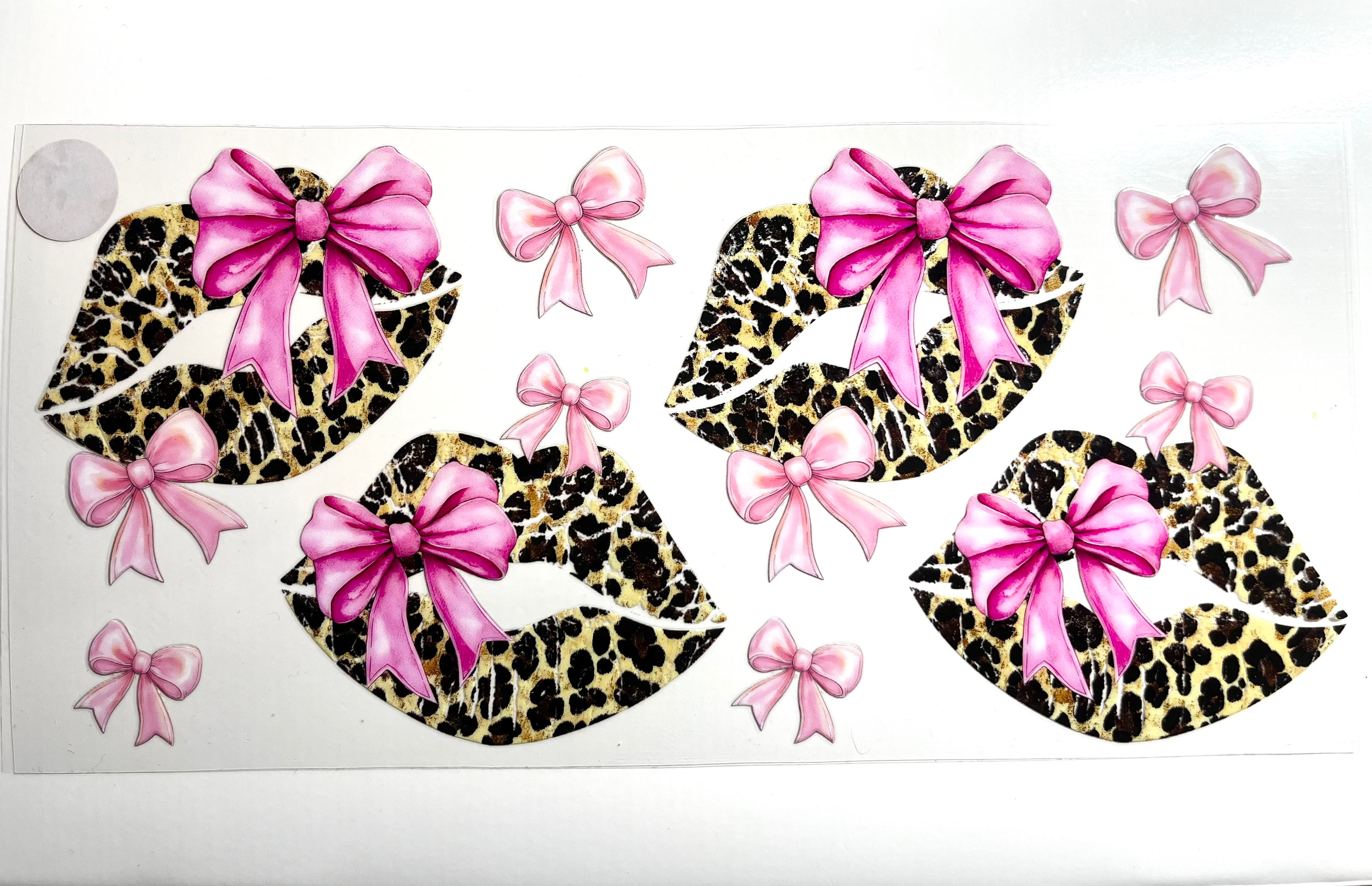 Leopard print lips and pink satin bows decal with gold shimmer accents wild coquette aesthetic
