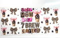 Half Mom Half Coffee decal with leopard print bows iced coffee cups and ransom letter typography