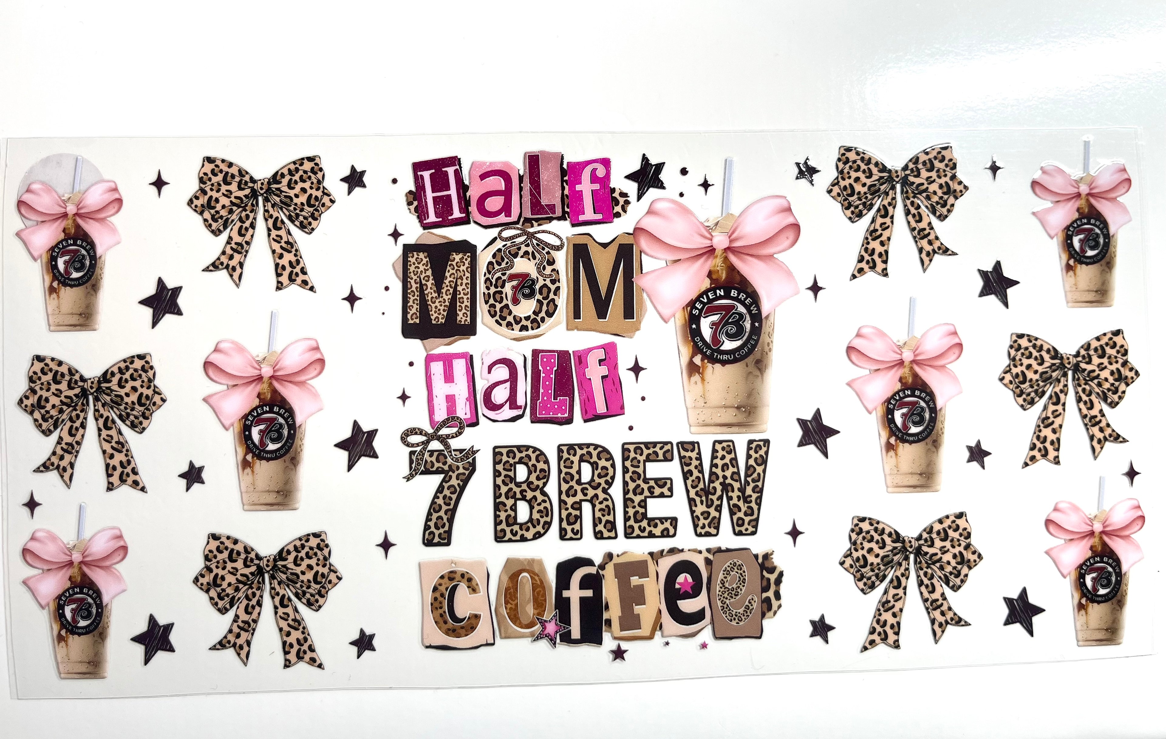 Half Mom Half Coffee decal with leopard print bows iced coffee cups and ransom letter typography