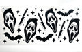 Spooky ghost mask and bats decal with knives and sparkle stars in bold black and white halloween horror aesthetic