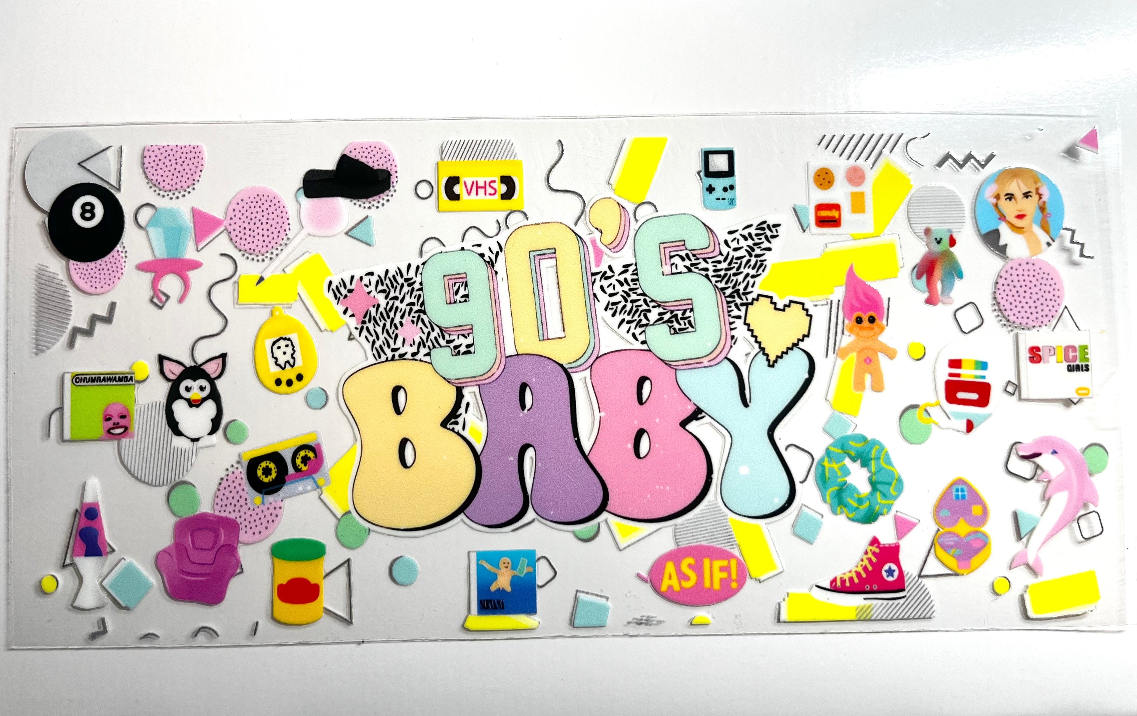 90s Baby nostalgia collage decal with VHS tapes game boys cassettes lava lamps scrunchies and retro toys
