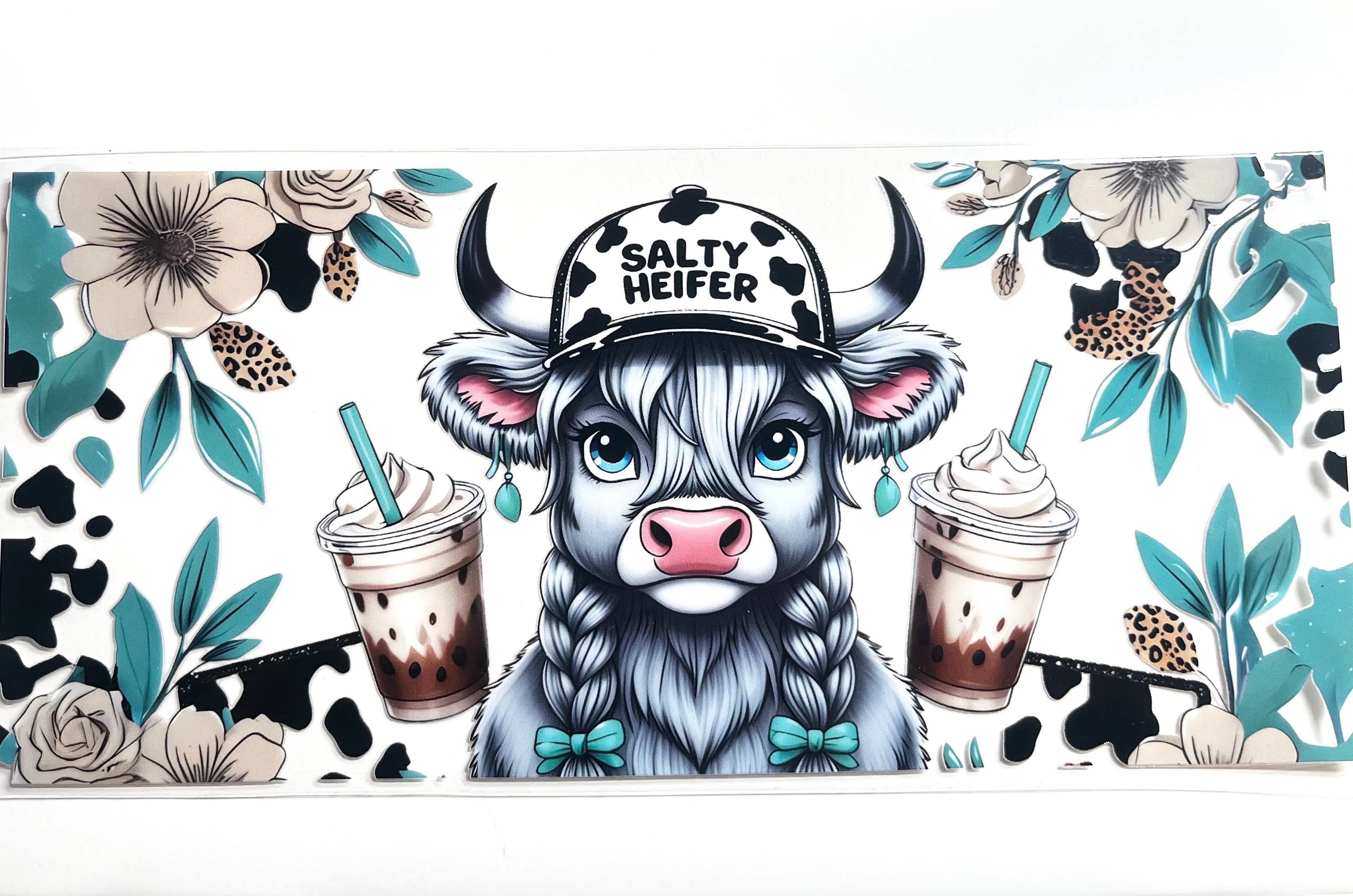 Salty Heifer highland cow decal with iced coffees teal florals cow print and braided hair western farmhouse aesthetic