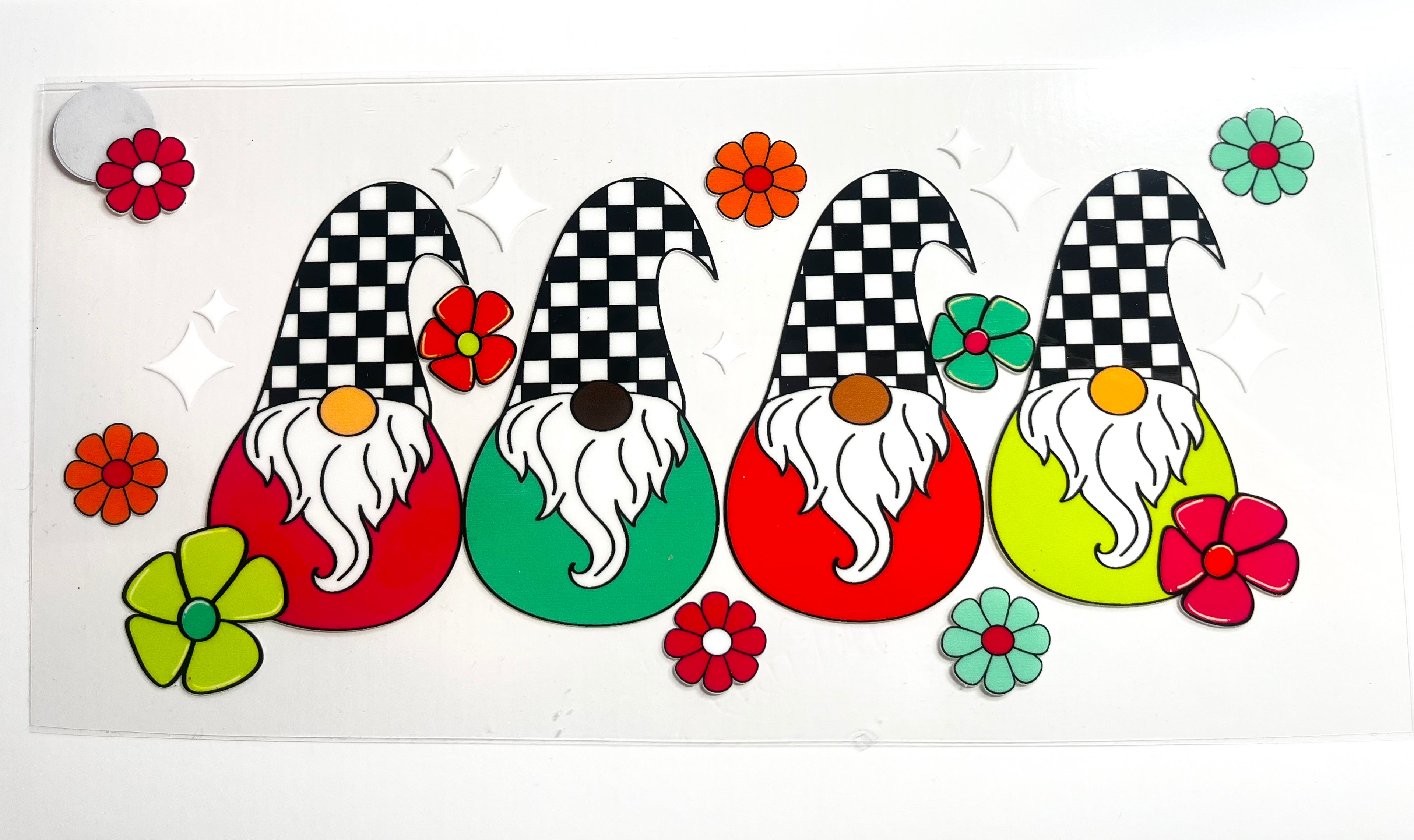Four checkered gnomes with colorful bodies and flowers decal